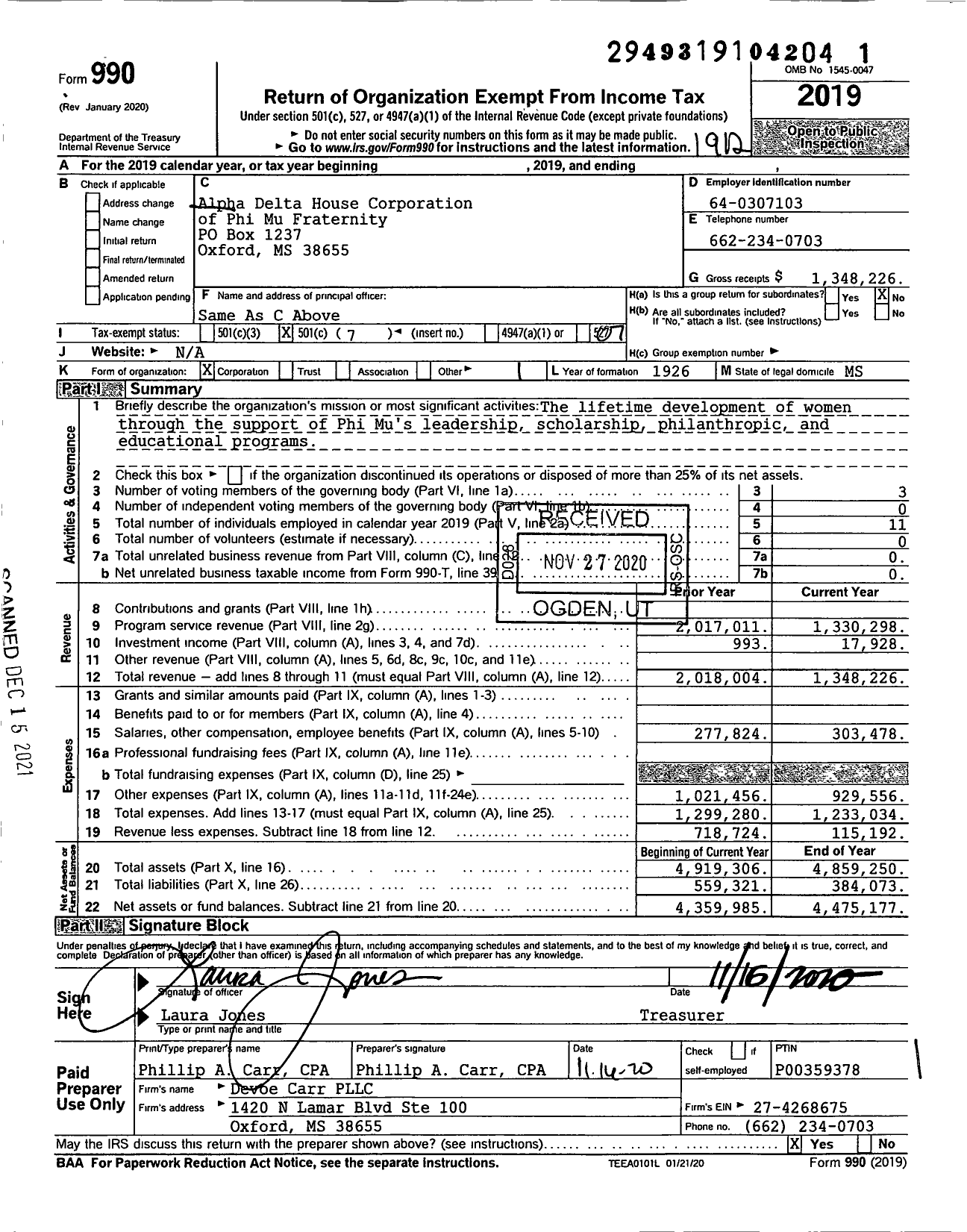 Image of first page of 2019 Form 990O for Alpha Delta House Corporation of Phi Mu Fraternity