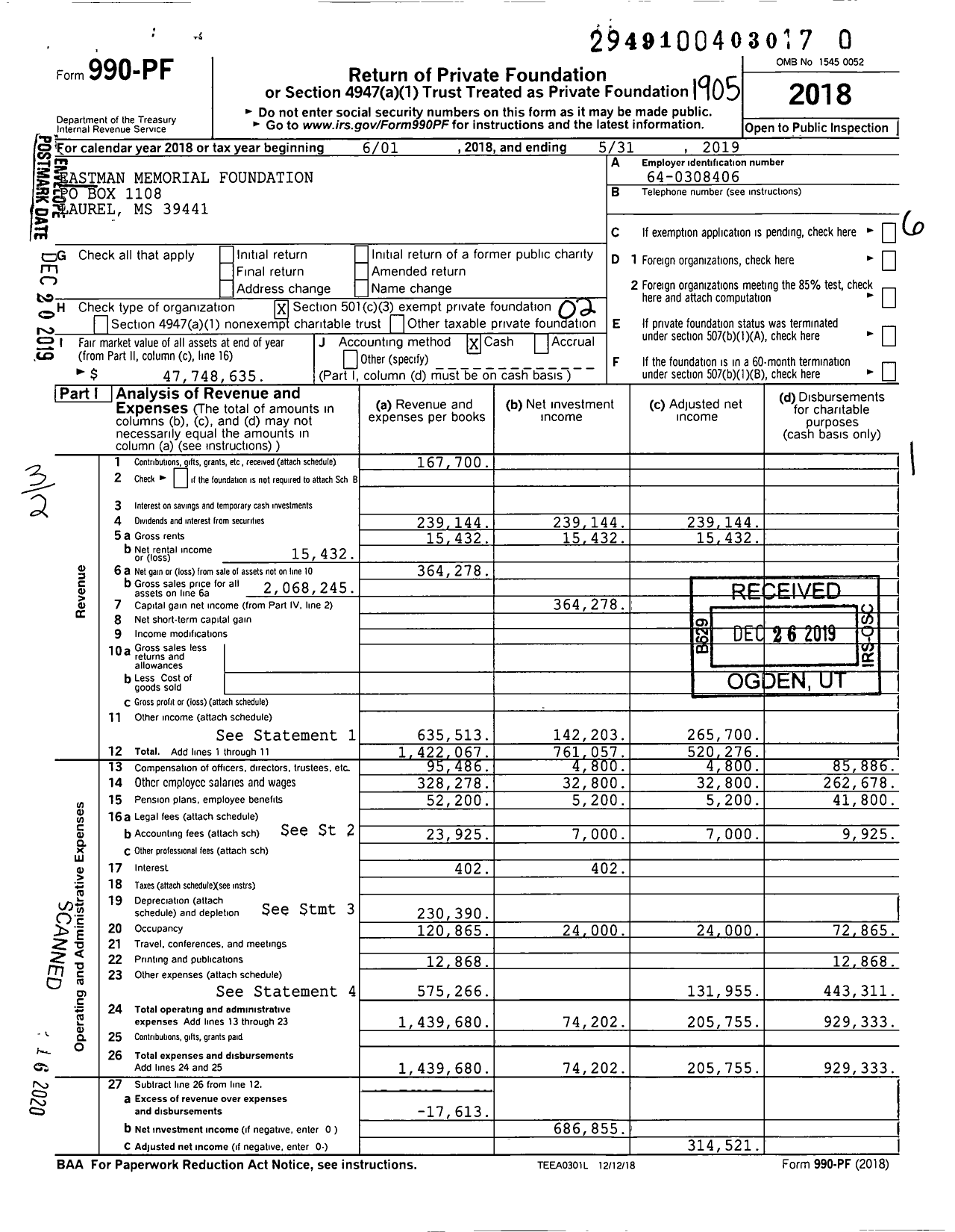 Image of first page of 2018 Form 990PR for Eastman Memorial Foundation