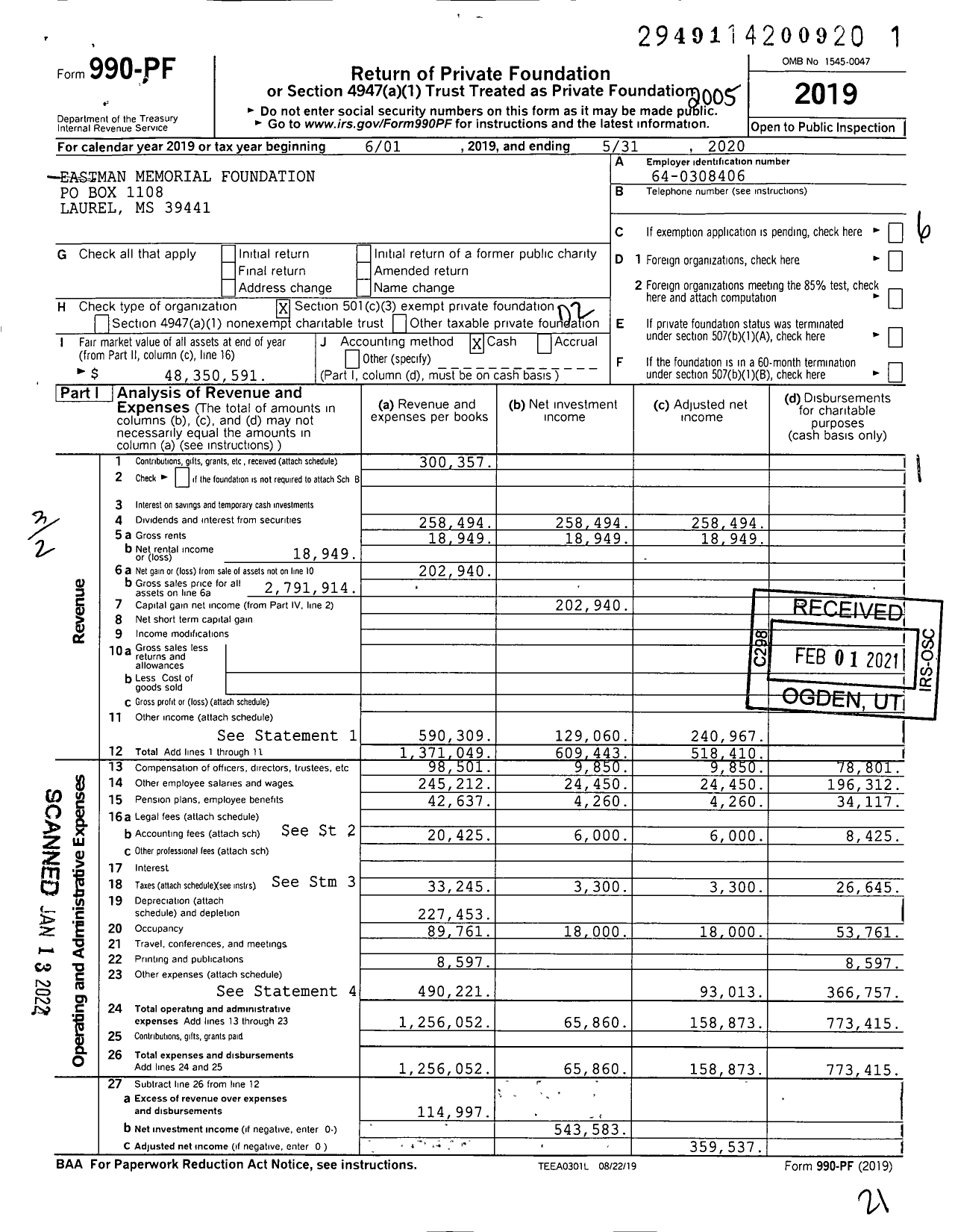 Image of first page of 2019 Form 990PF for Eastman Memorial Foundation