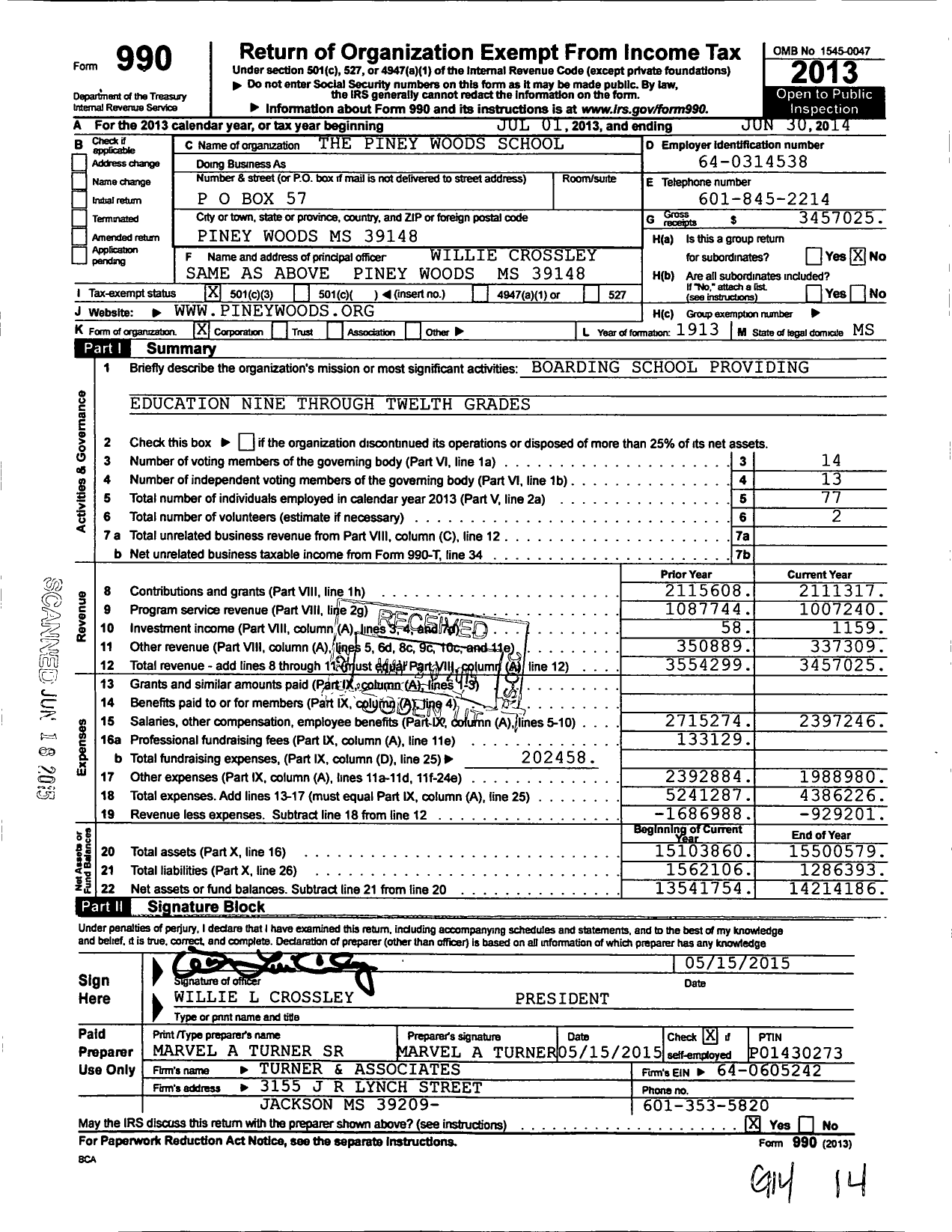 Image of first page of 2013 Form 990 for Piney Woods School