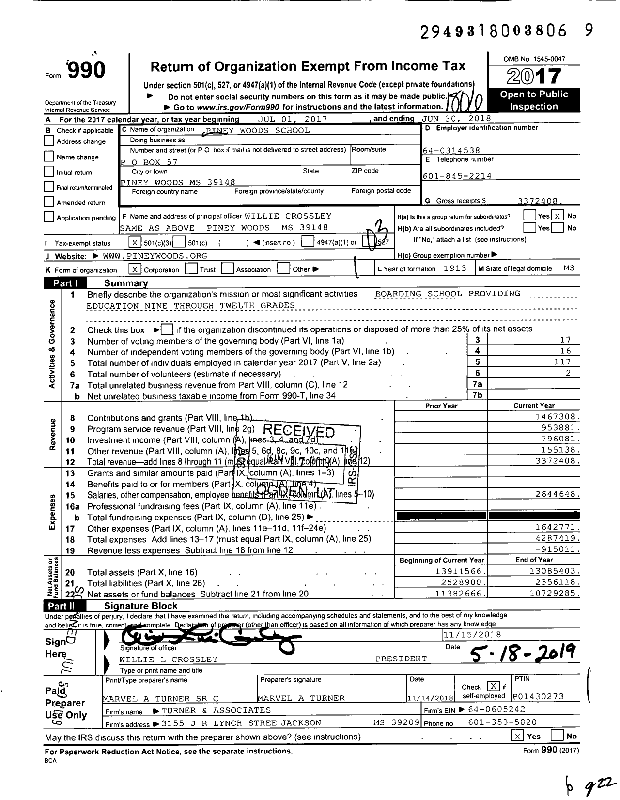 Image of first page of 2017 Form 990 for Piney Woods School
