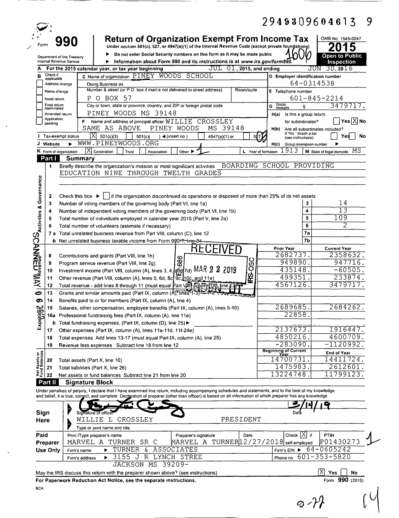 Image of first page of 2015 Form 990 for Piney Woods School