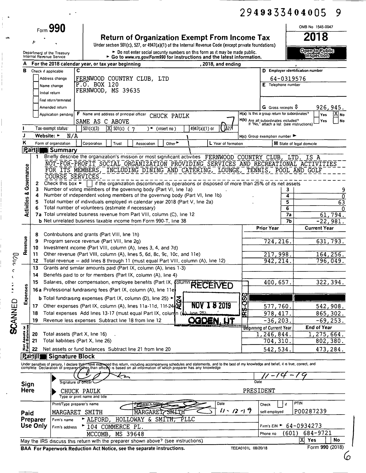 Image of first page of 2018 Form 990O for Fernwood Country Club