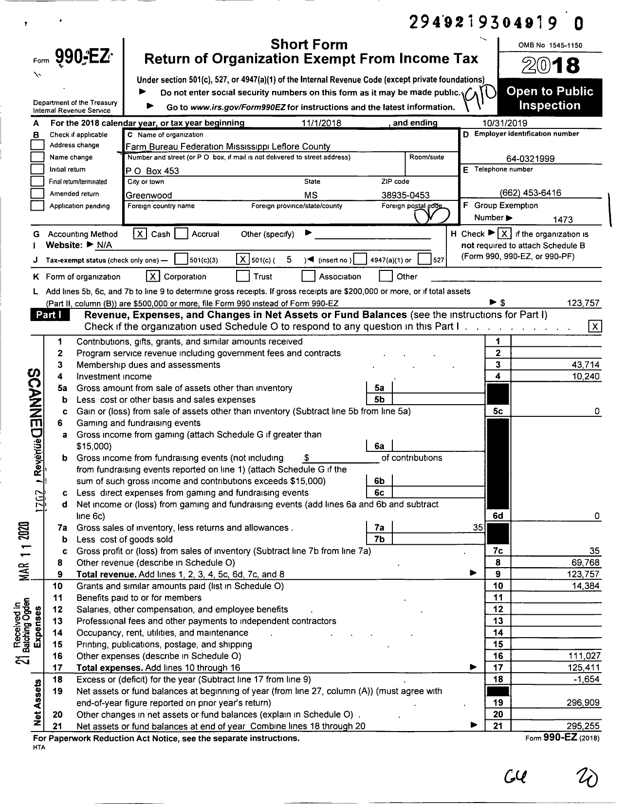 Image of first page of 2018 Form 990EO for Mississippi Farm Bureau Federation - Leflore County