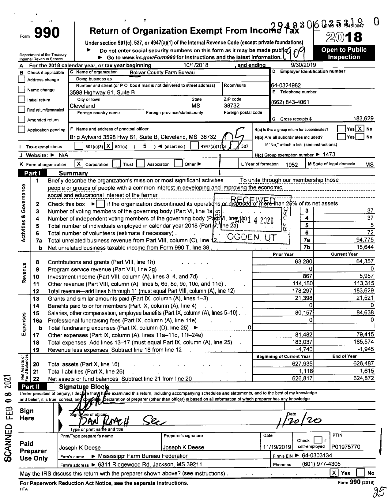 Image of first page of 2018 Form 990O for Mississippi Farm Bureau Federation - Bolivar County Farm Bureau