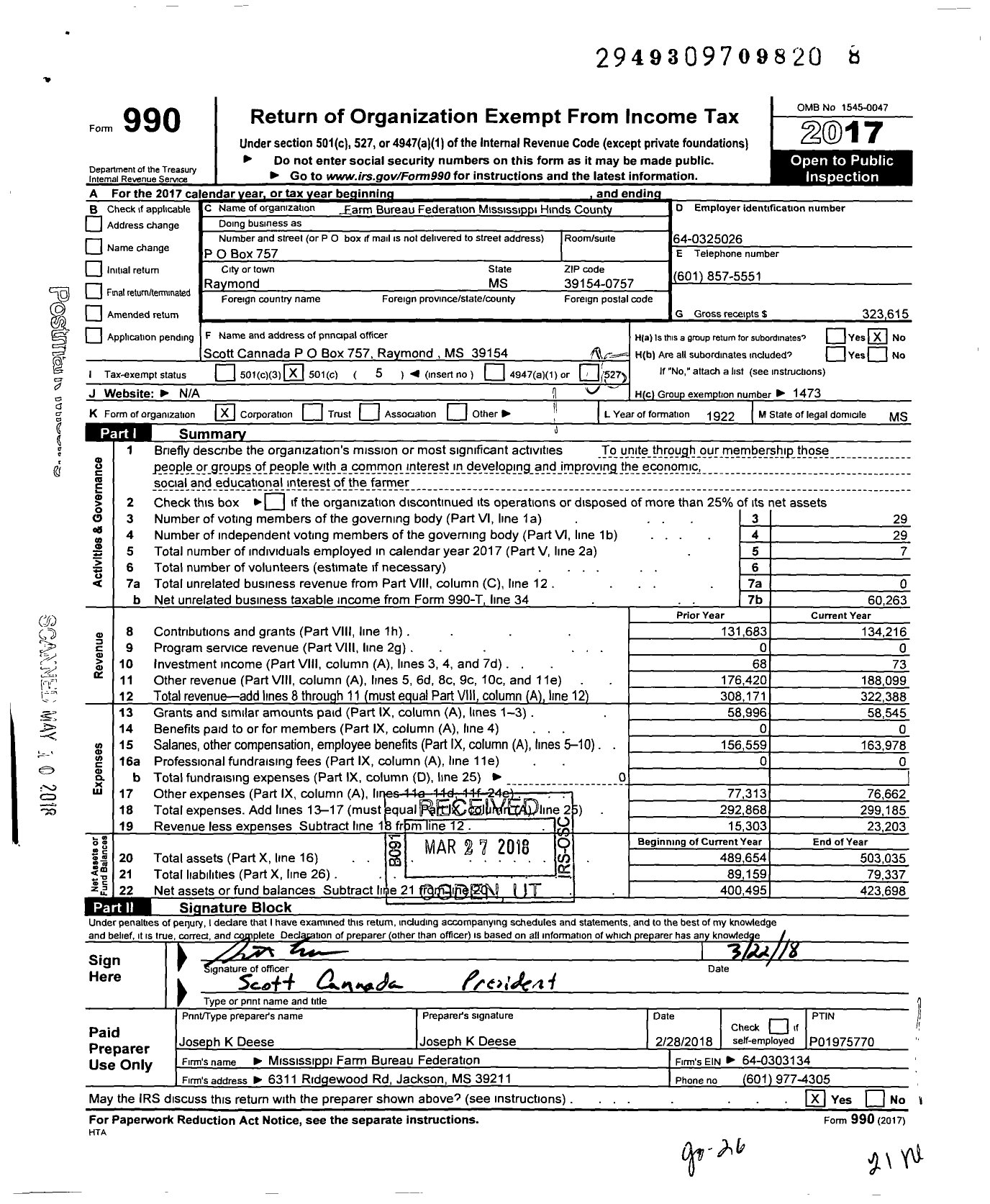 Image of first page of 2017 Form 990O for Mississippi Farm Bureau Federation - Hinds County