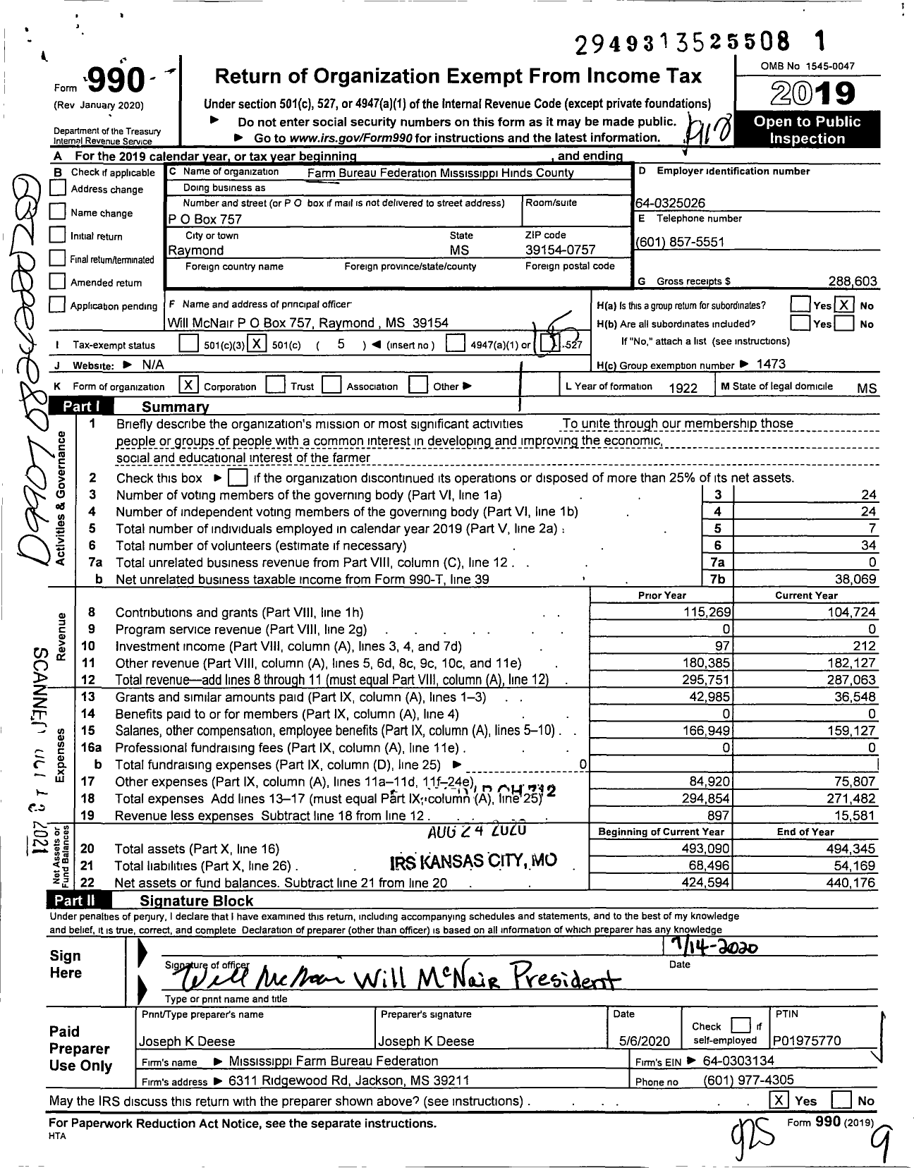 Image of first page of 2019 Form 990O for Mississippi Farm Bureau Federation - Hinds County