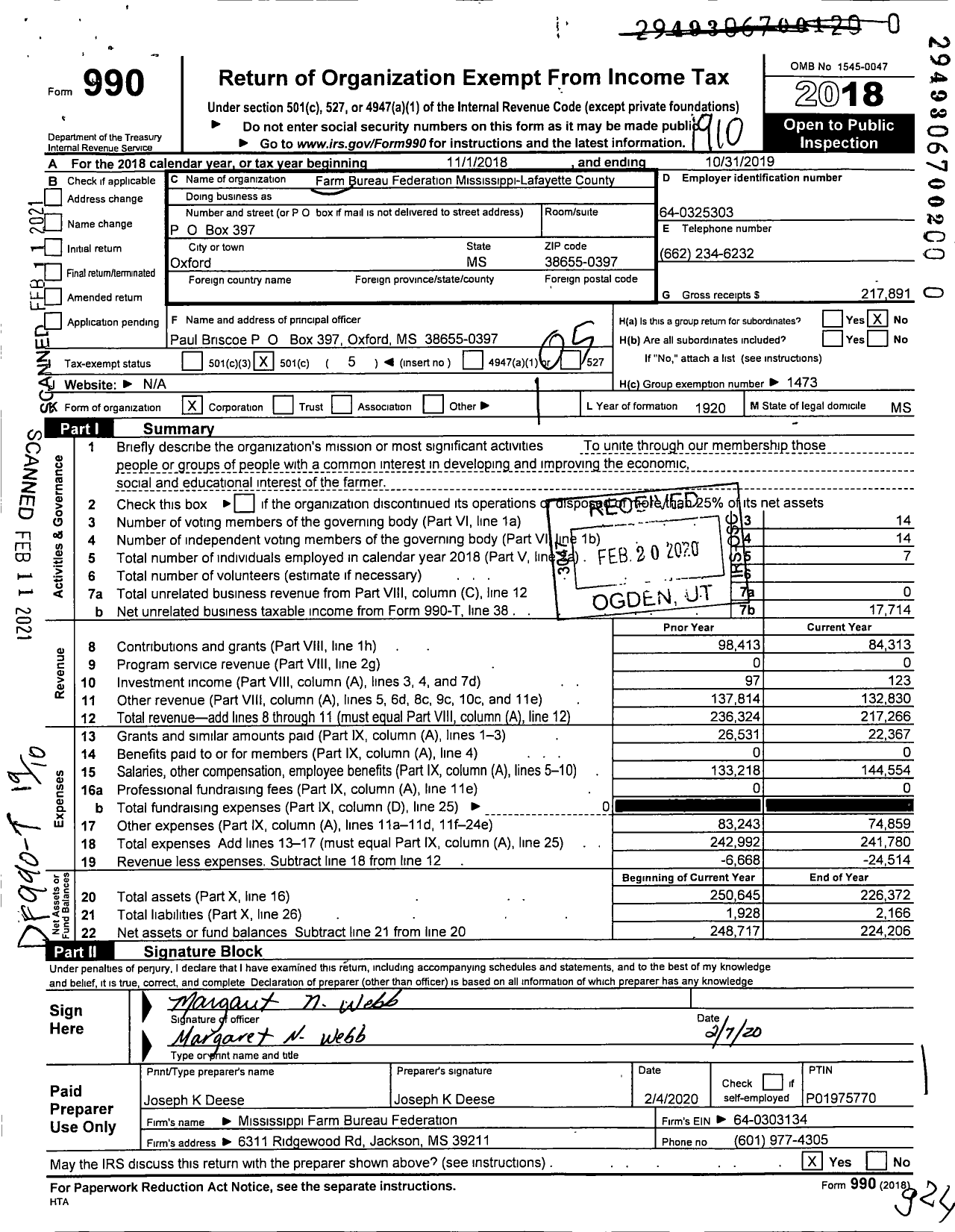 Image of first page of 2018 Form 990O for Mississippi Farm Bureau Federation - Lafayette County