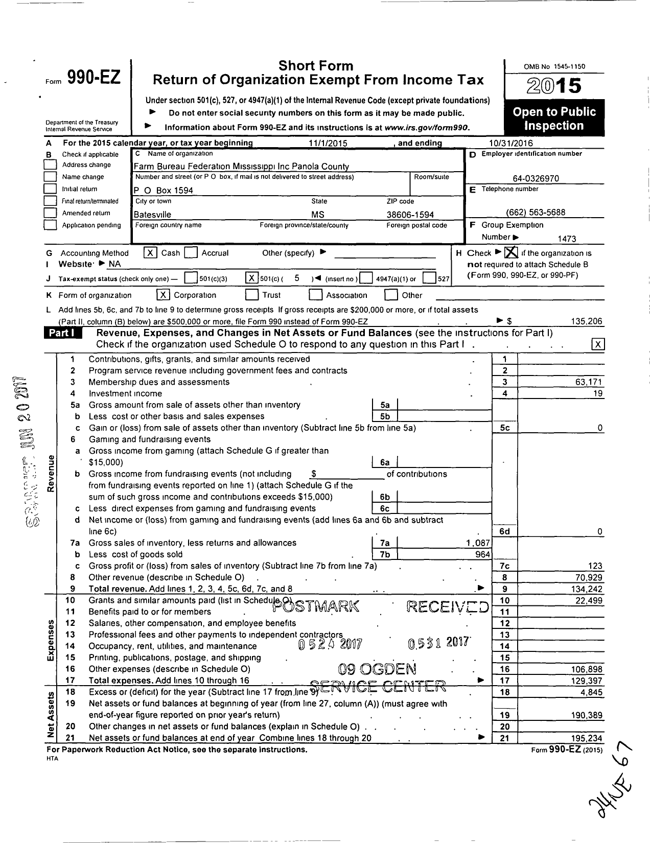 Image of first page of 2015 Form 990EO for Mississippi Farm Bureau Federation - Farm Bureau Inc Panola County