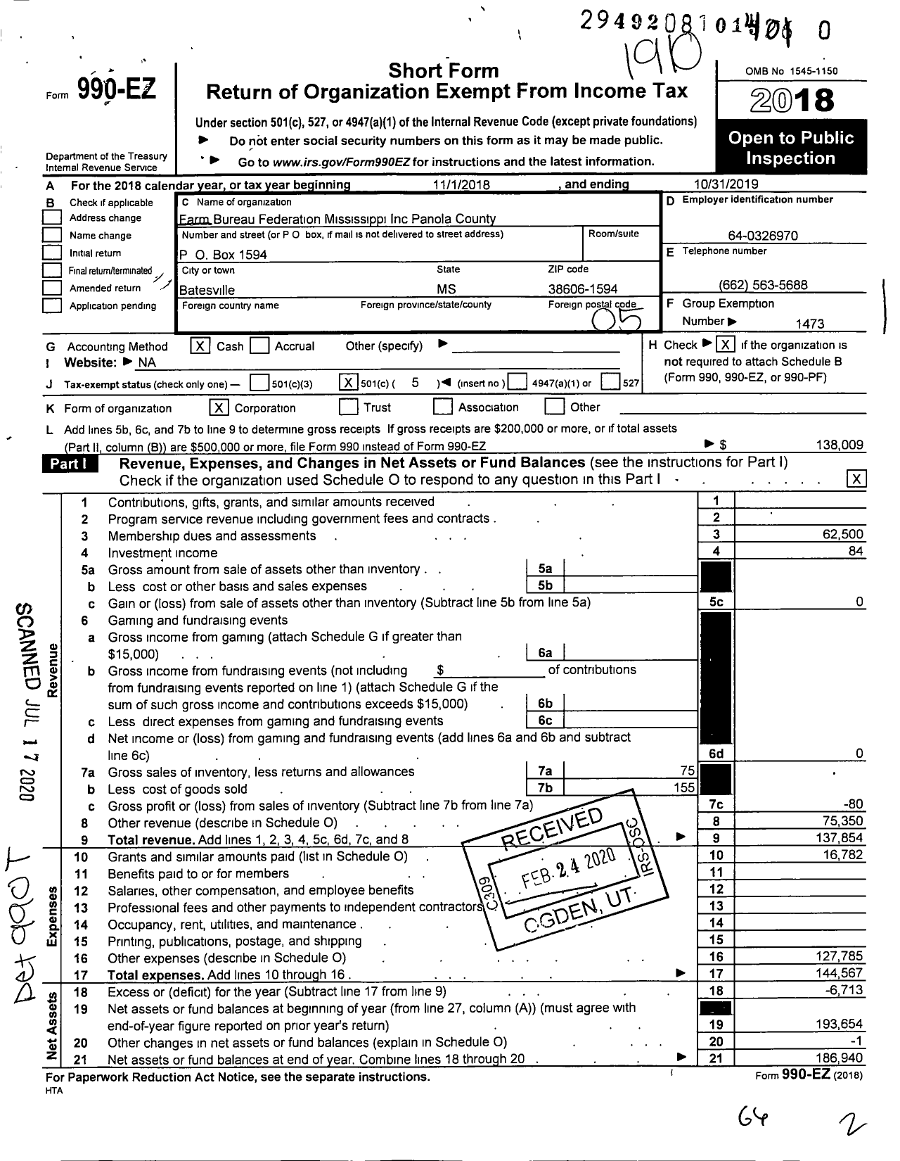 Image of first page of 2018 Form 990EO for Mississippi Farm Bureau Federation - Farm Bureau Inc Panola County