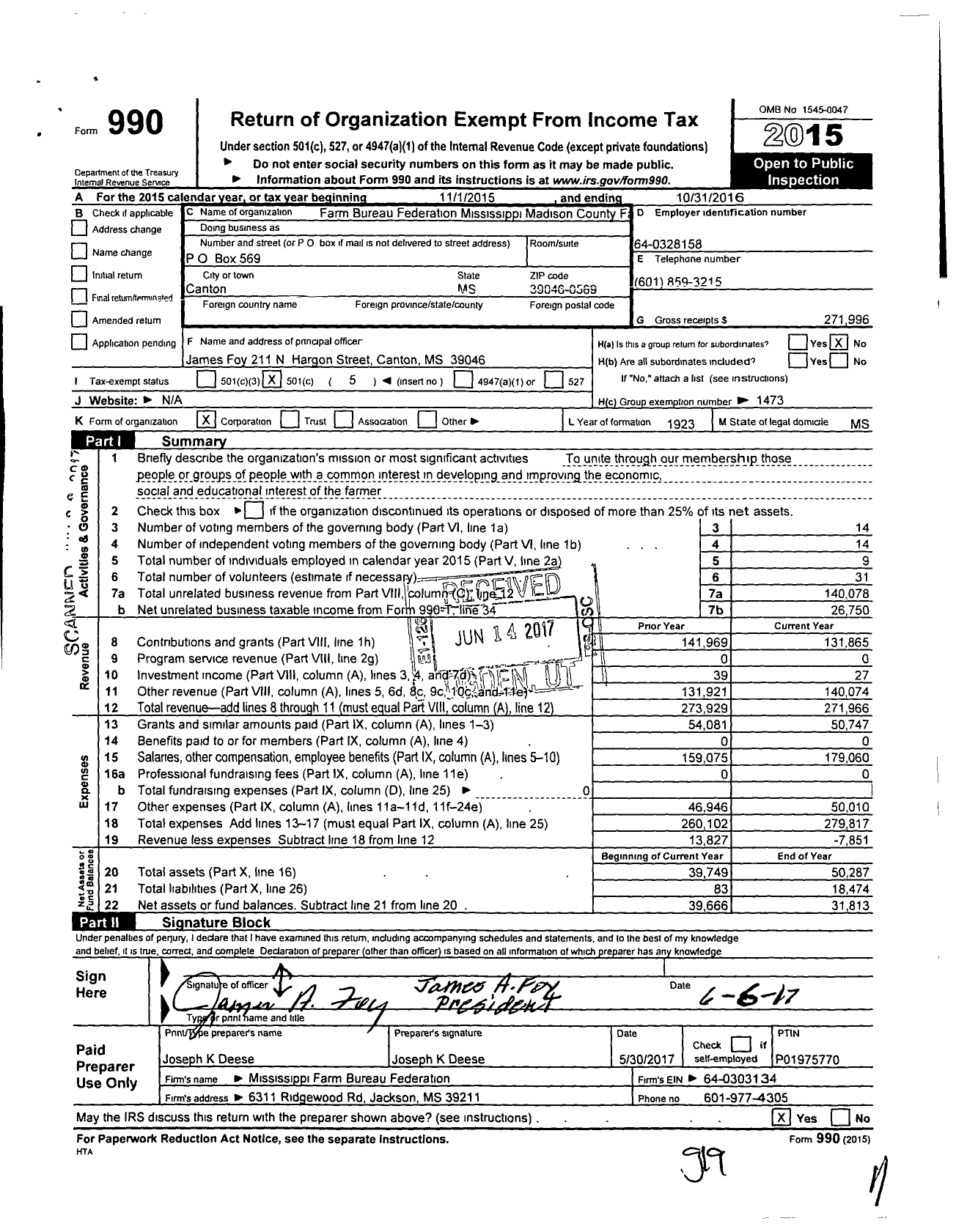 Image of first page of 2015 Form 990O for Mississippi Farm Bureau Federation - Madison County Farm Bureau