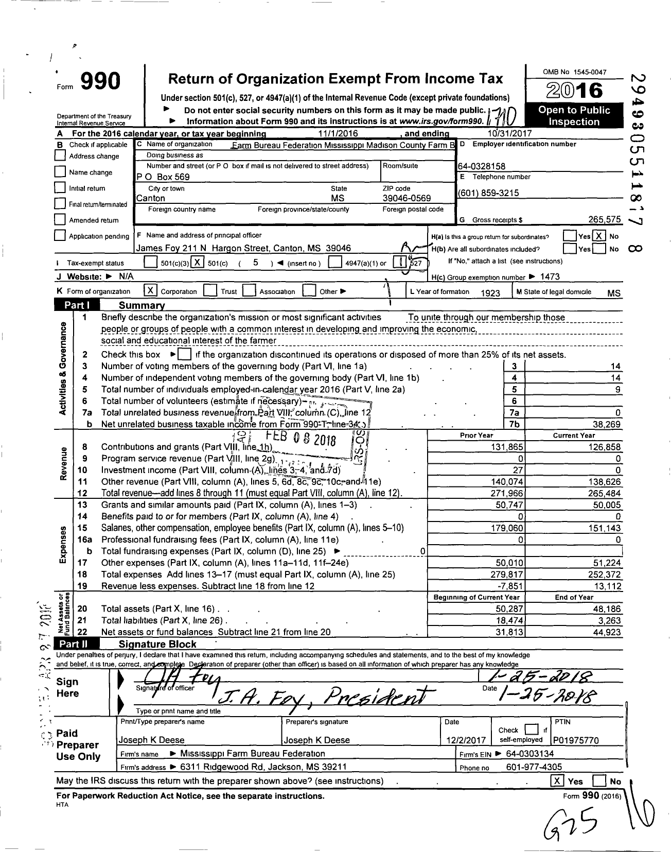 Image of first page of 2016 Form 990O for Mississippi Farm Bureau Federation - Madison County Farm Bureau