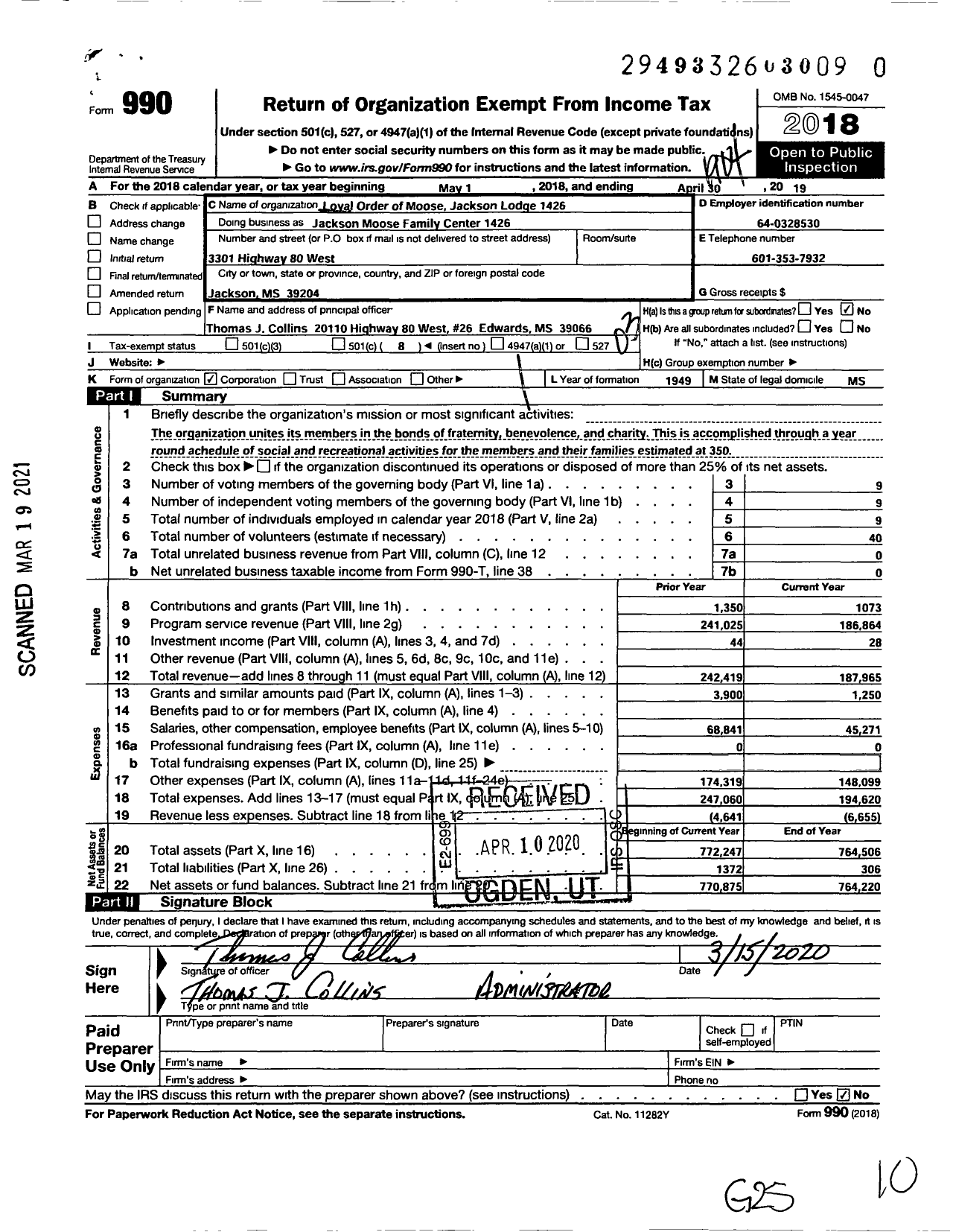 Image of first page of 2018 Form 990 for Loyal Order of Moose Jackson Lodge 1426