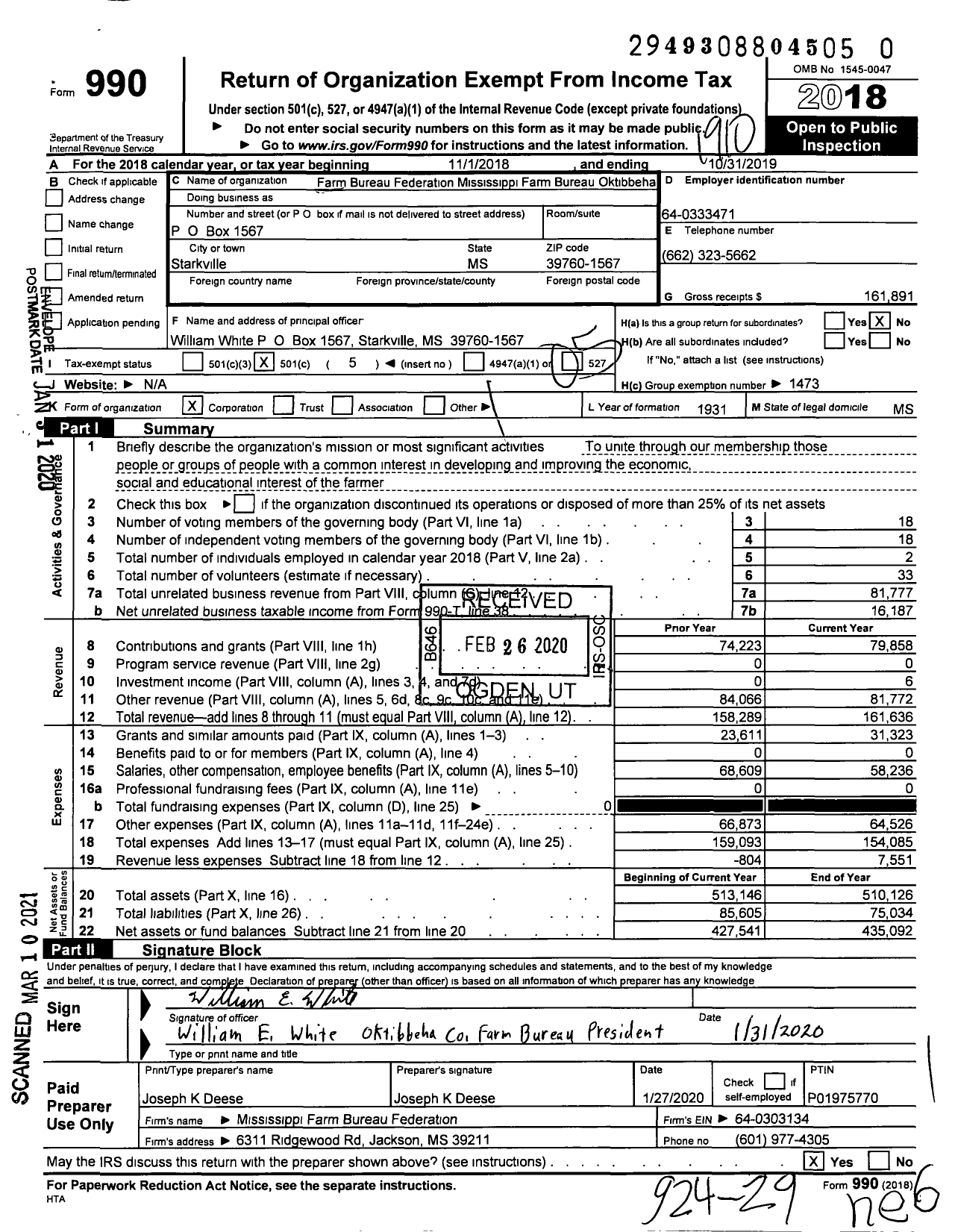 Image of first page of 2018 Form 990O for Mississippi Farm Bureau Federation - Farm Bureau Oktibbeha County