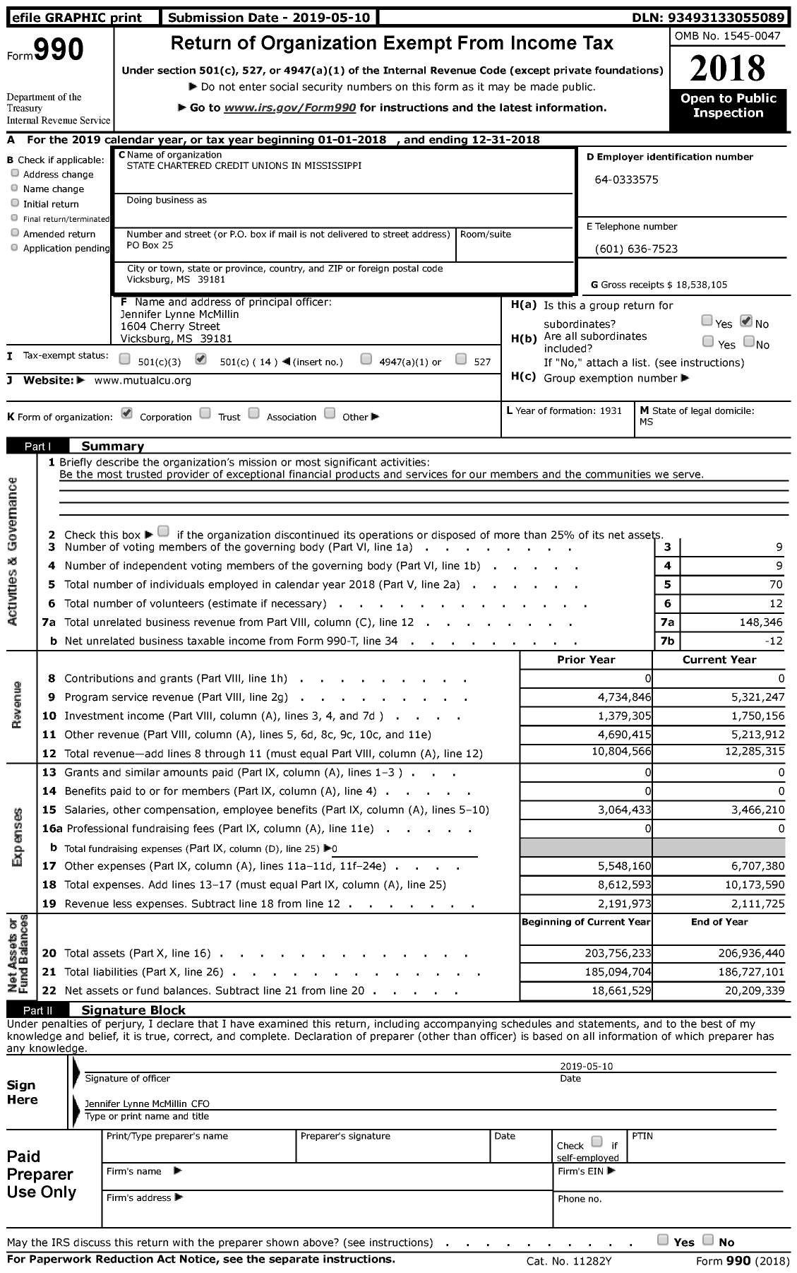 Image of first page of 2018 Form 990 for Mutual Credit Union (MCU)