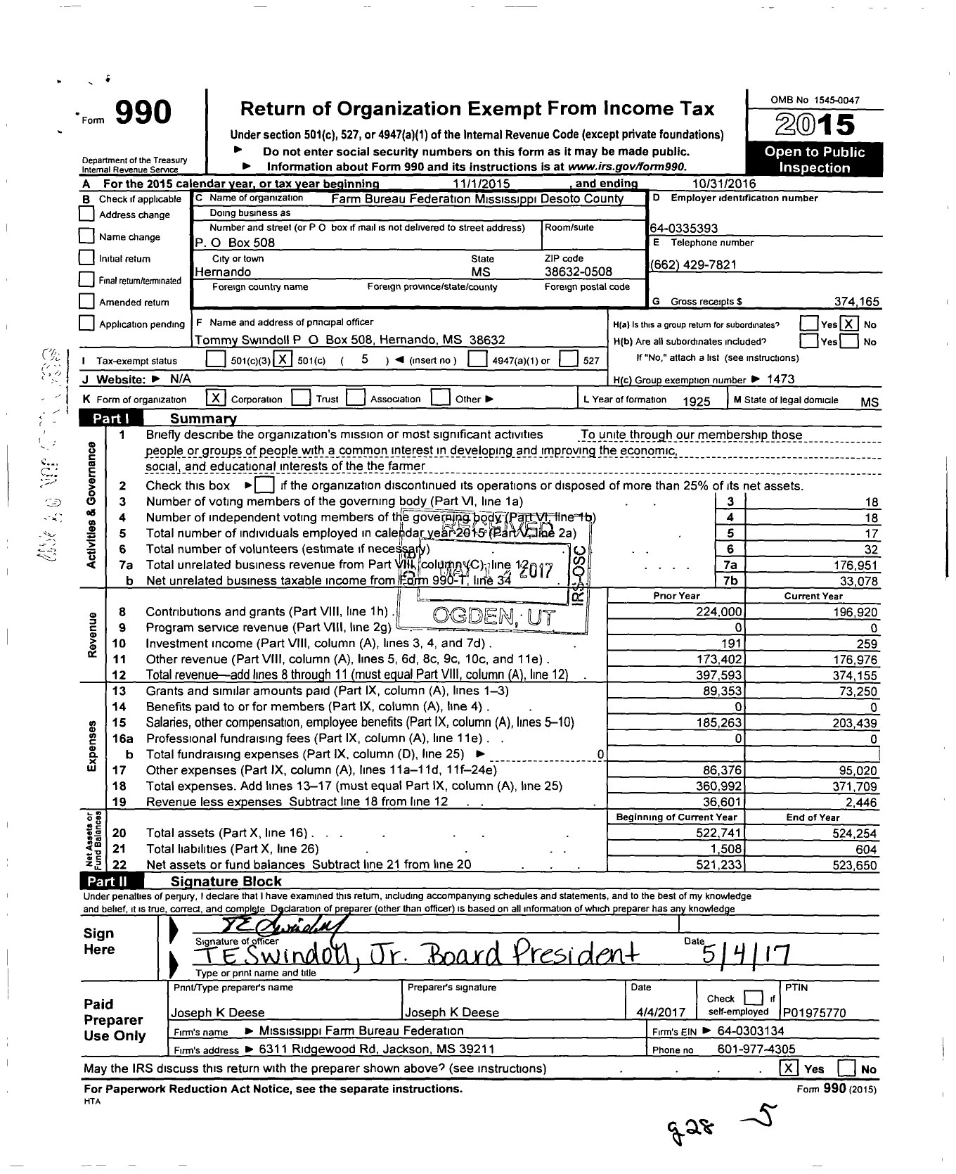 Image of first page of 2015 Form 990O for Mississippi Farm Bureau Federation - Desoto County