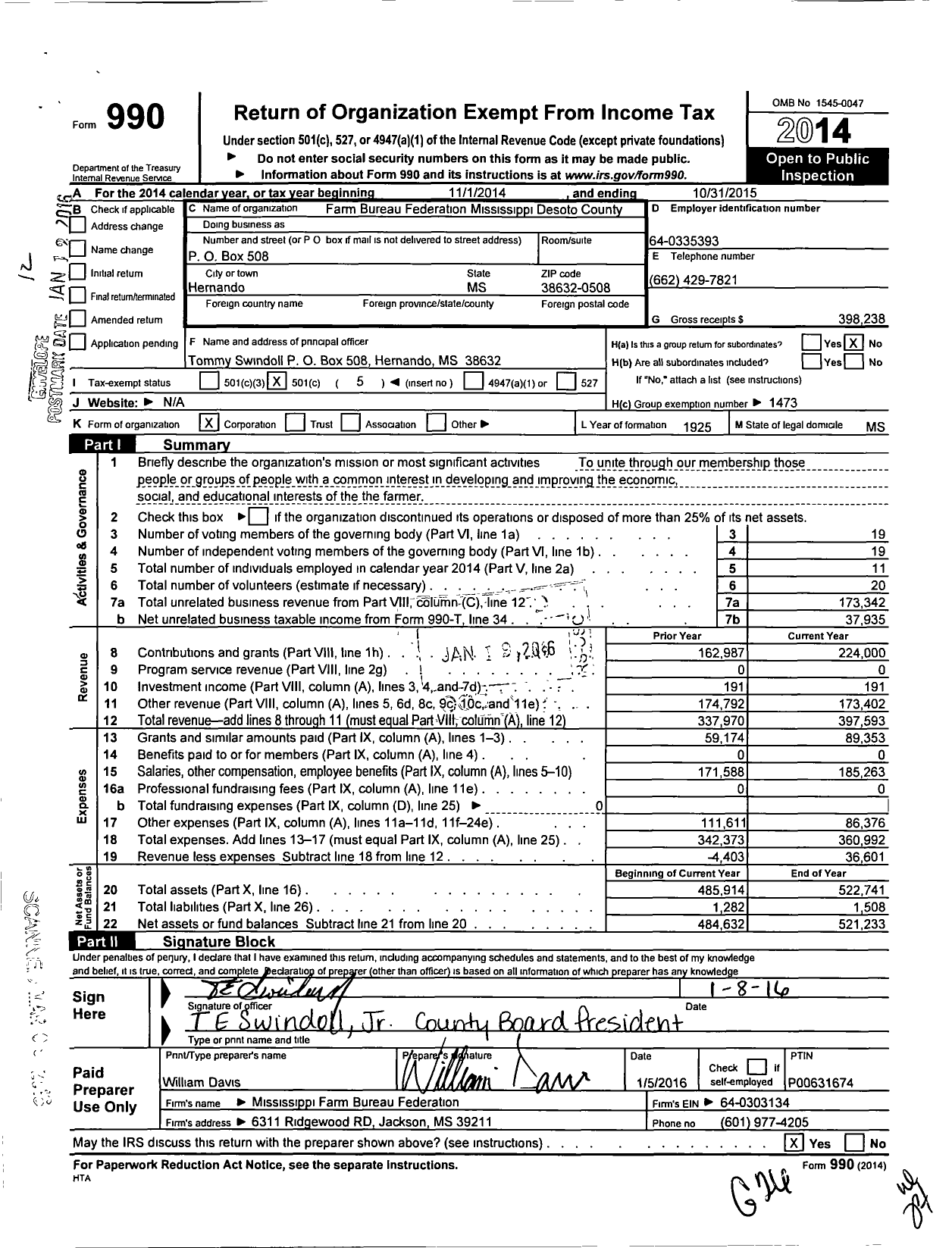Image of first page of 2014 Form 990O for Mississippi Farm Bureau Federation - Desoto County