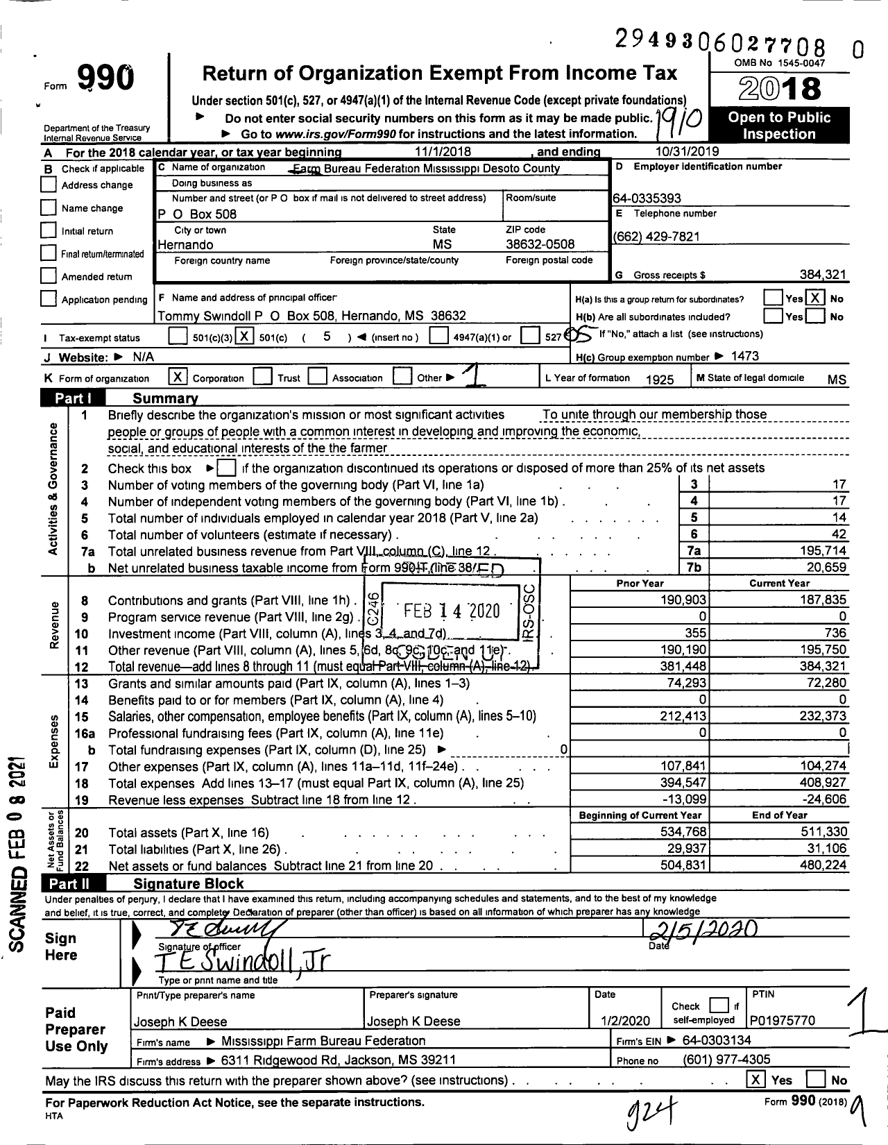 Image of first page of 2018 Form 990O for Mississippi Farm Bureau Federation - Desoto County