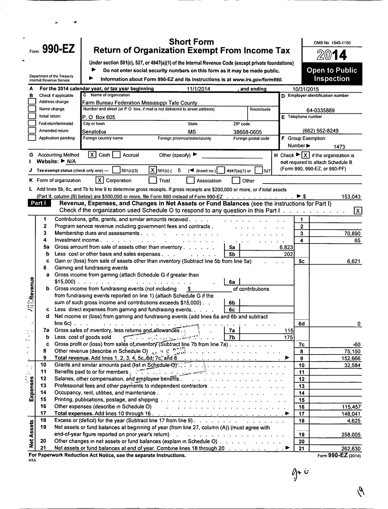 Image of first page of 2014 Form 990EO for Mississippi Farm Bureau Federation - Tate County