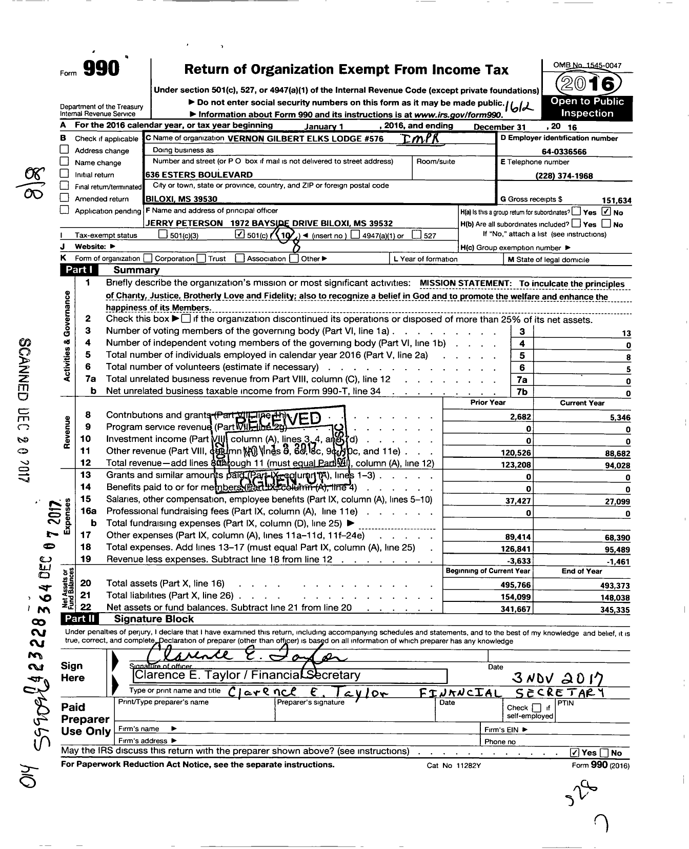 Image of first page of 2016 Form 990O for Improved Benevolent and Protective Order of Elks of the World - 576 Veron Gilbert Elk Lodge