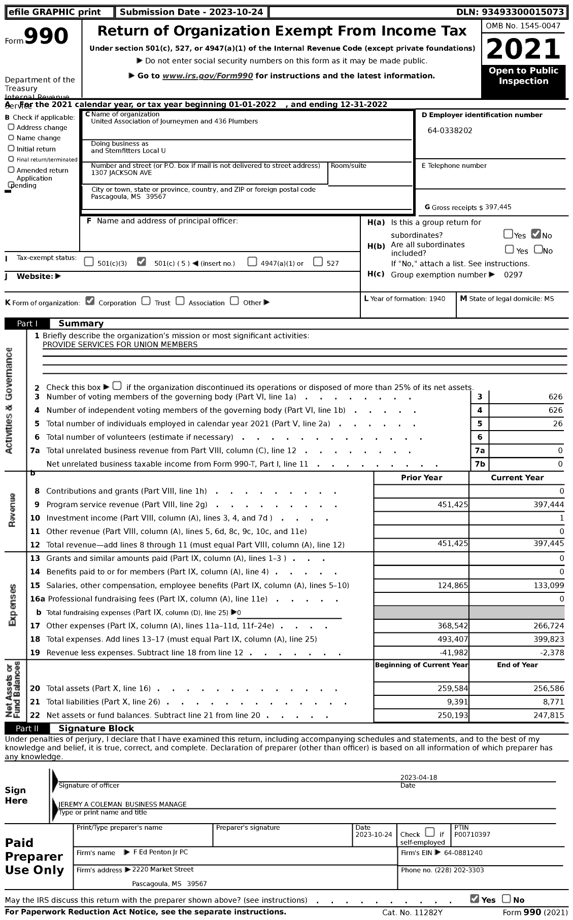 Image of first page of 2022 Form 990 for United Association - And Stemfitters Local U