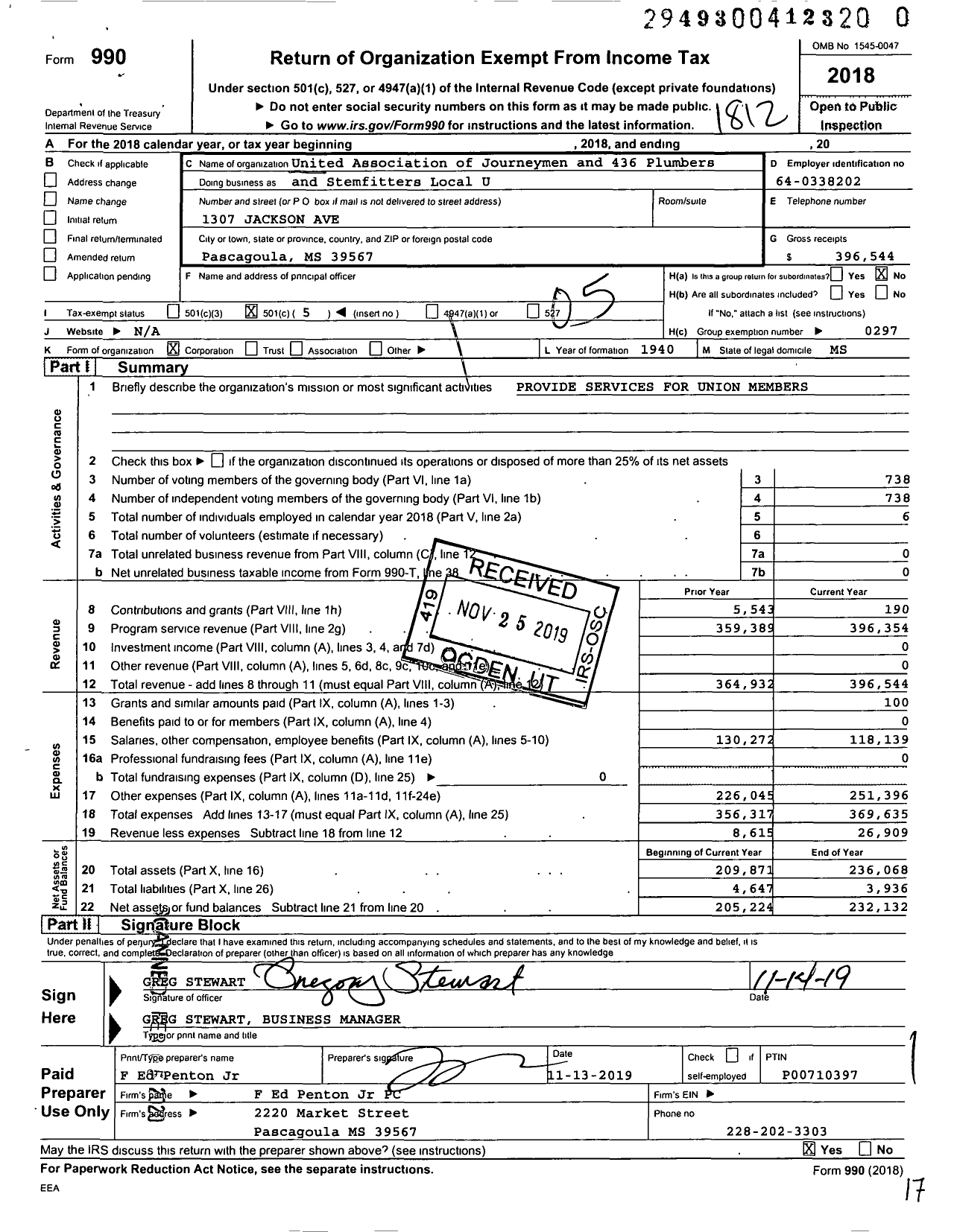 Image of first page of 2018 Form 990O for United Association - And Stemfitters Local U