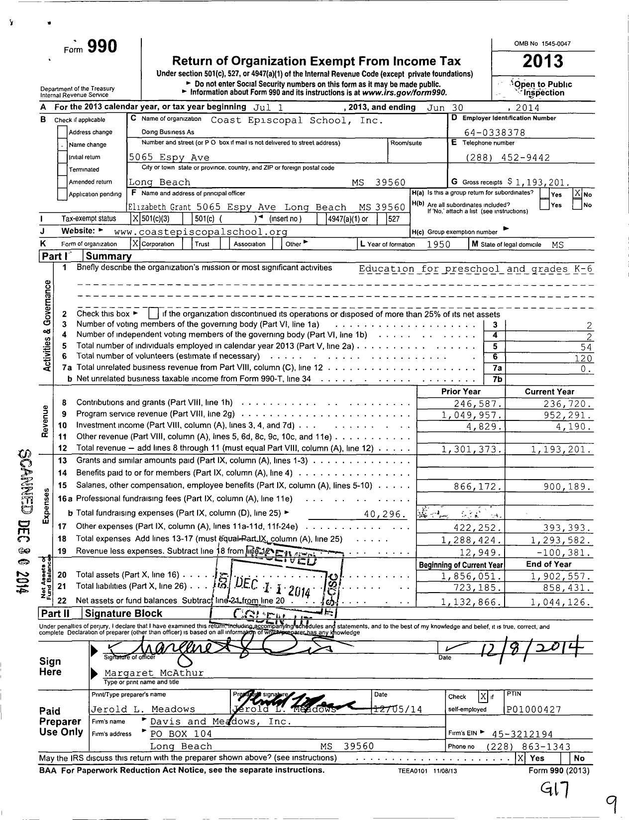 Image of first page of 2013 Form 990 for Coast Episcopal Schools