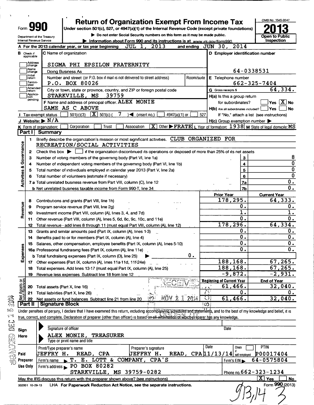 Image of first page of 2013 Form 990O for Sigma Phi Epsilon Fraternity Mississippi Beta Chapter