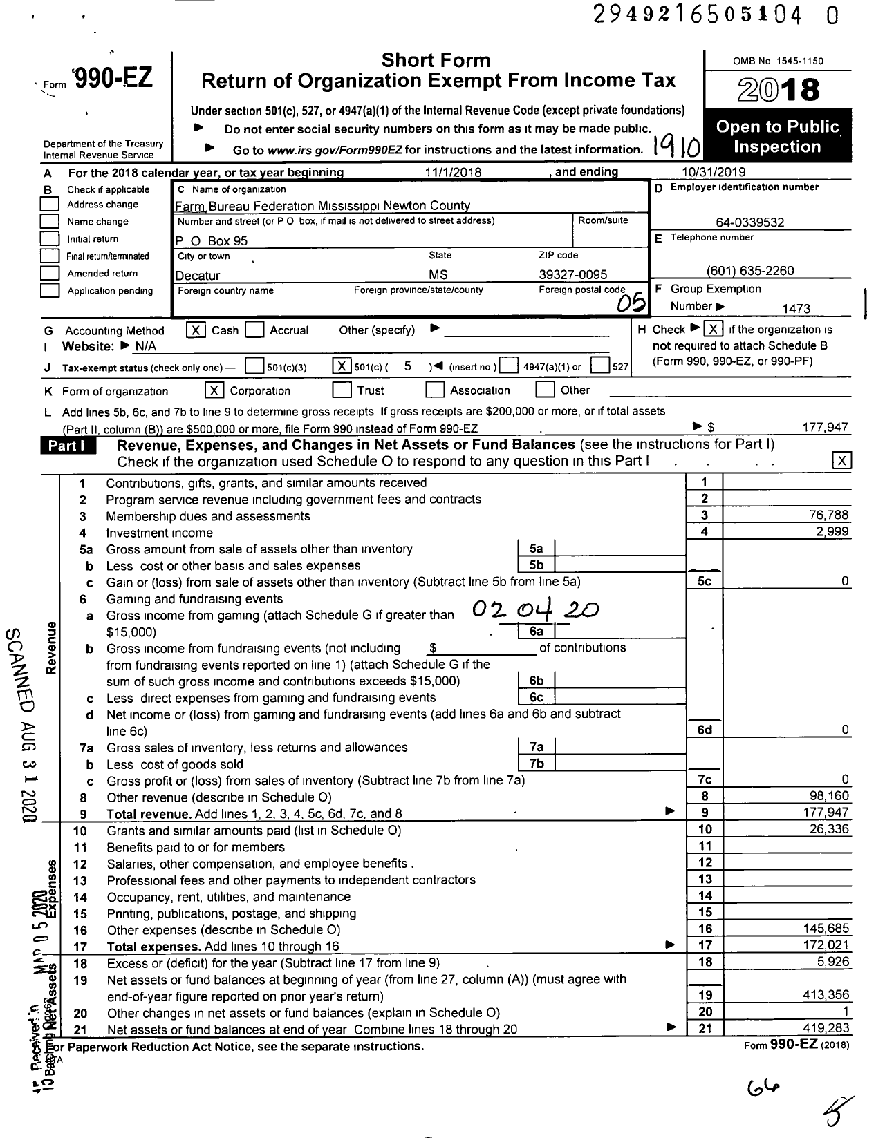 Image of first page of 2018 Form 990EO for Mississippi Farm Bureau Federation - Newton County