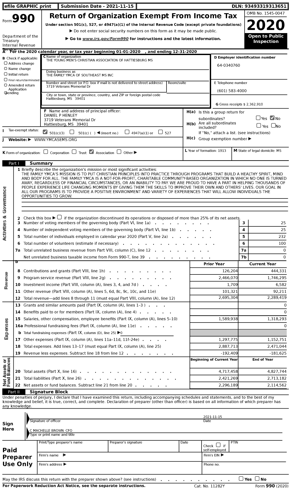 Image of first page of 2020 Form 990 for Young Men's Christian Association of Hattiesburg (YMCA of Hatties)