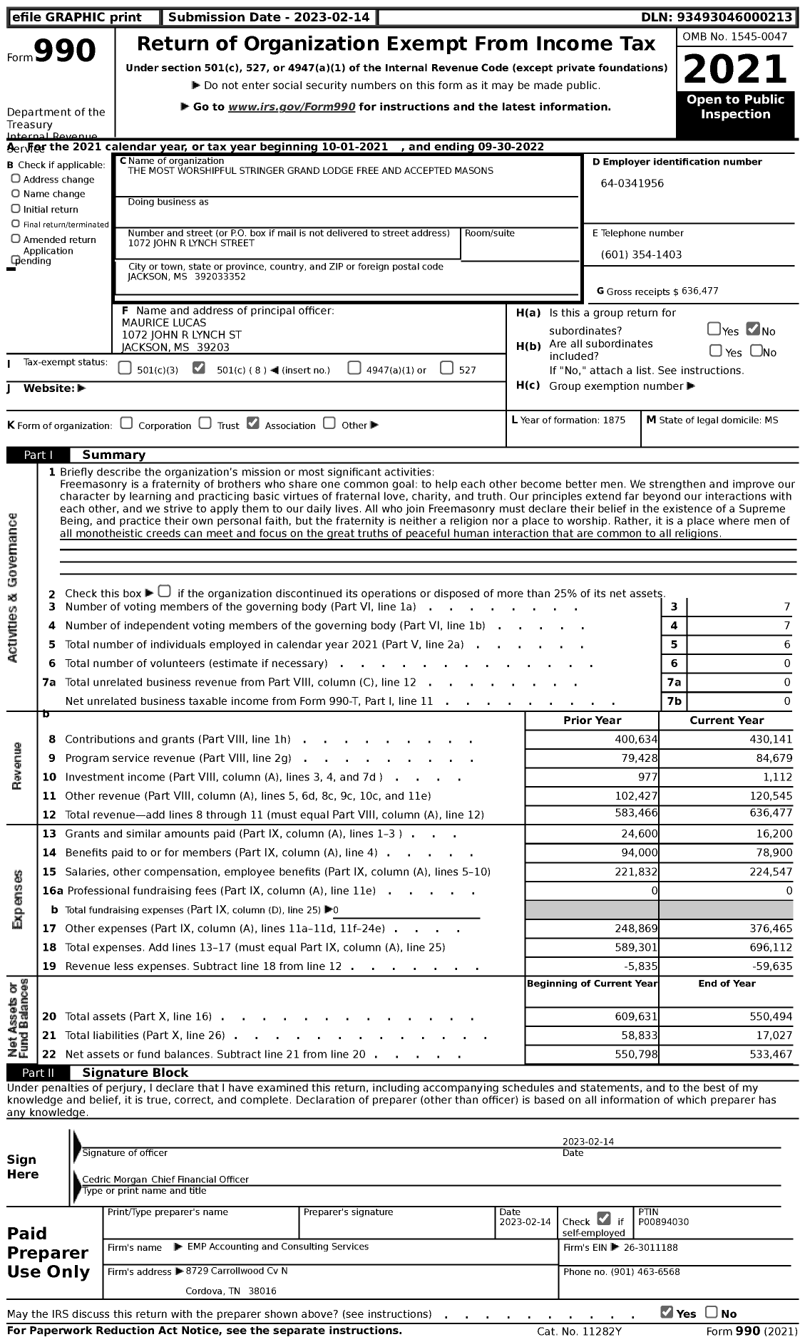 Image of first page of 2021 Form 990 for The Most Worshipful Stringer Grand Lodge Free and Accepted Masons