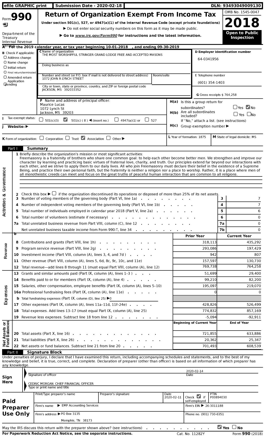 Image of first page of 2018 Form 990 for The Most Worshipful Stringer Grand Lodge Free and Accepted Masons