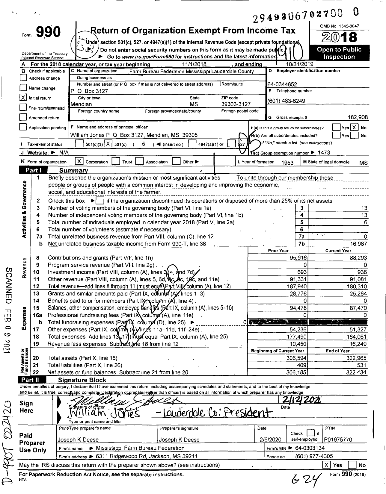 Image of first page of 2018 Form 990O for Mississippi Farm Bureau Federation - Lauderdale County