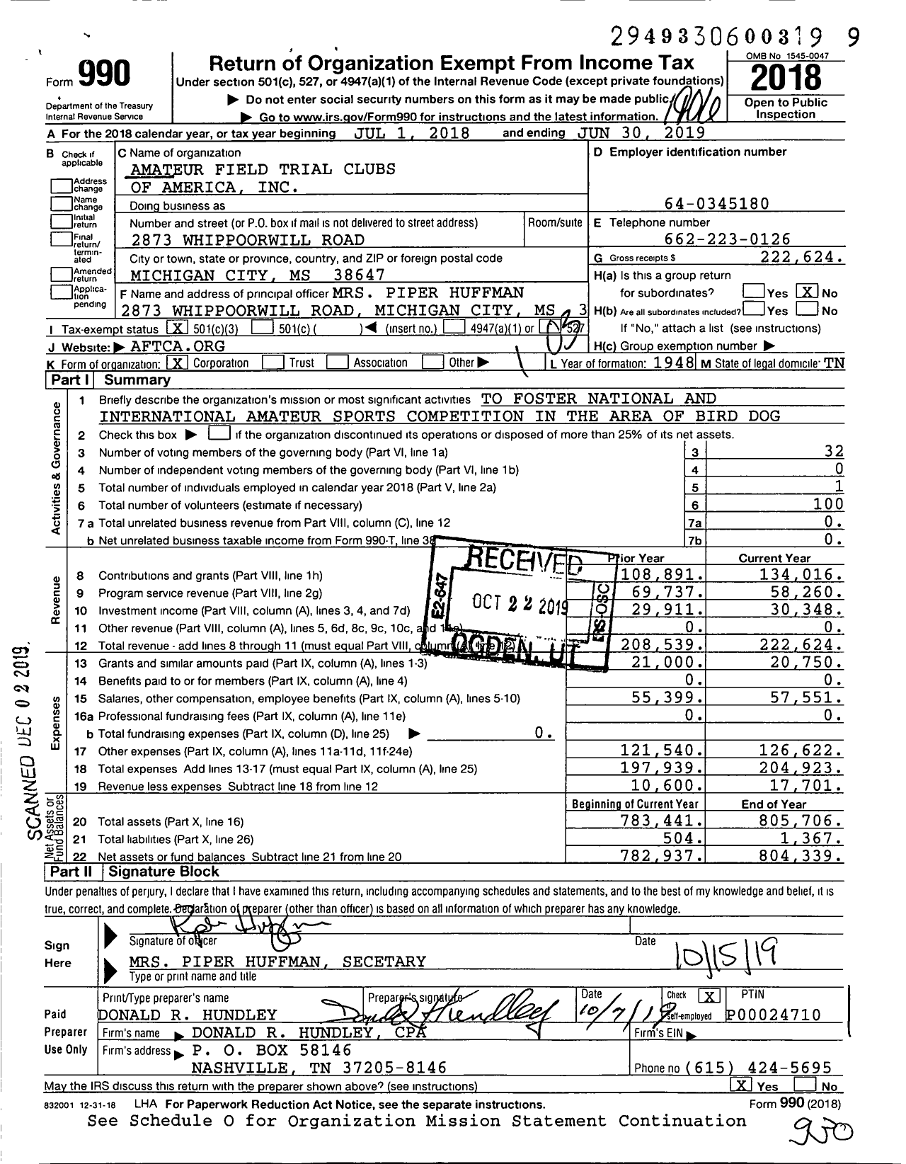 Image of first page of 2018 Form 990 for Amateur Feild Trial Clubs of America