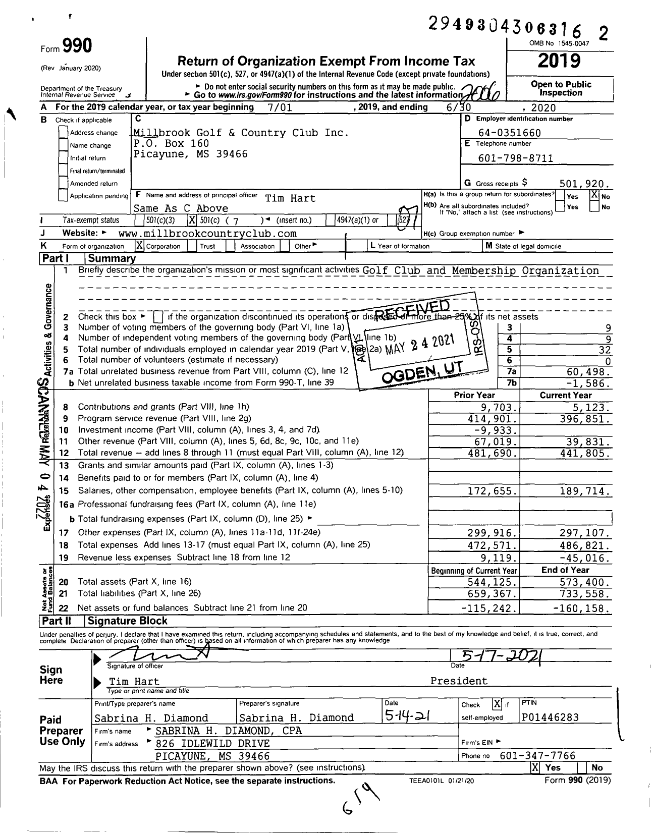 Image of first page of 2019 Form 990O for Millbrook Golf and Country Club