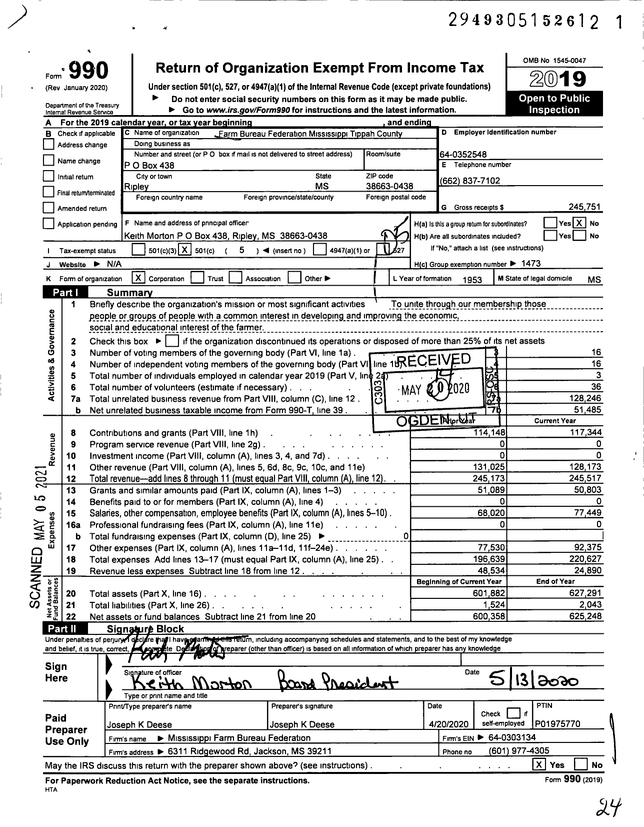 Image of first page of 2019 Form 990O for Mississippi Farm Bureau Federation - Tippah County Farm Bureau