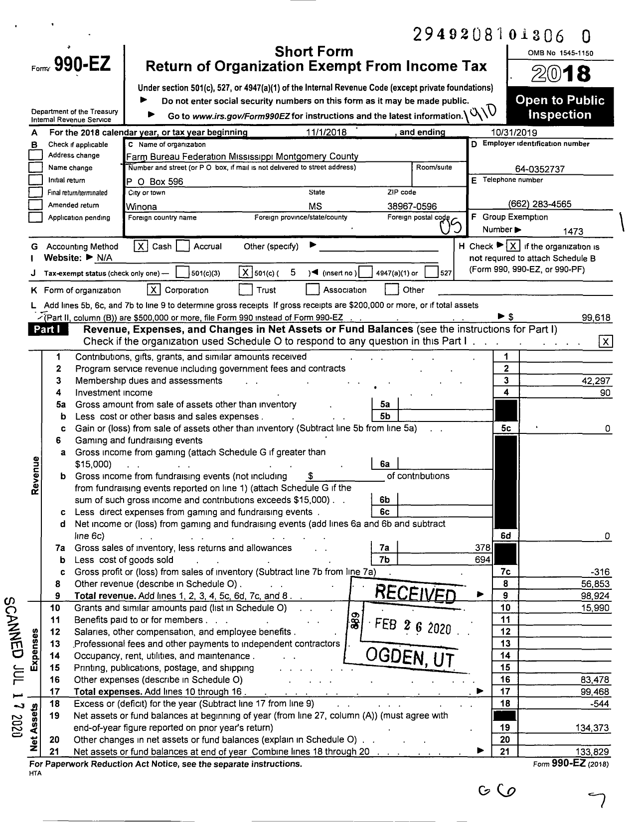 Image of first page of 2018 Form 990EO for Mississippi Farm Bureau Federation - Montgomery County