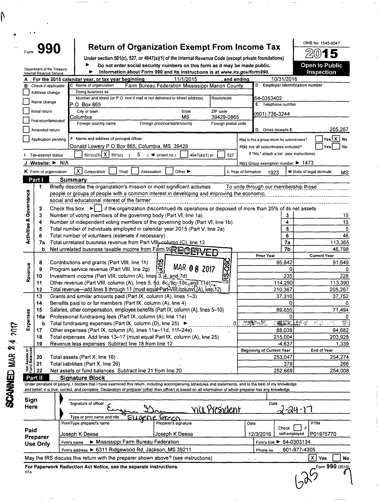 Image of first page of 2015 Form 990O for Mississippi Farm Bureau Federation - Marion County