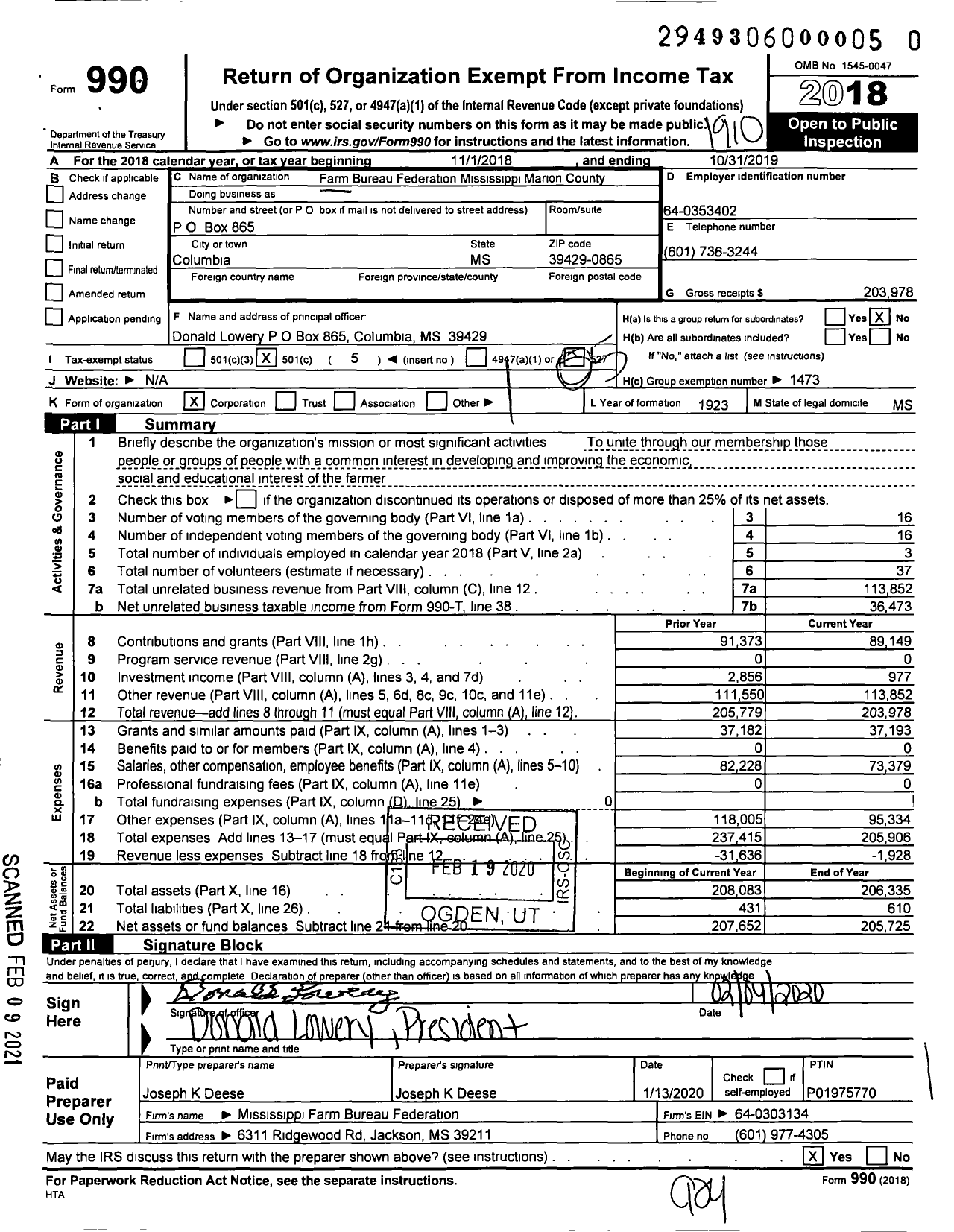 Image of first page of 2018 Form 990O for Mississippi Farm Bureau Federation - Marion County
