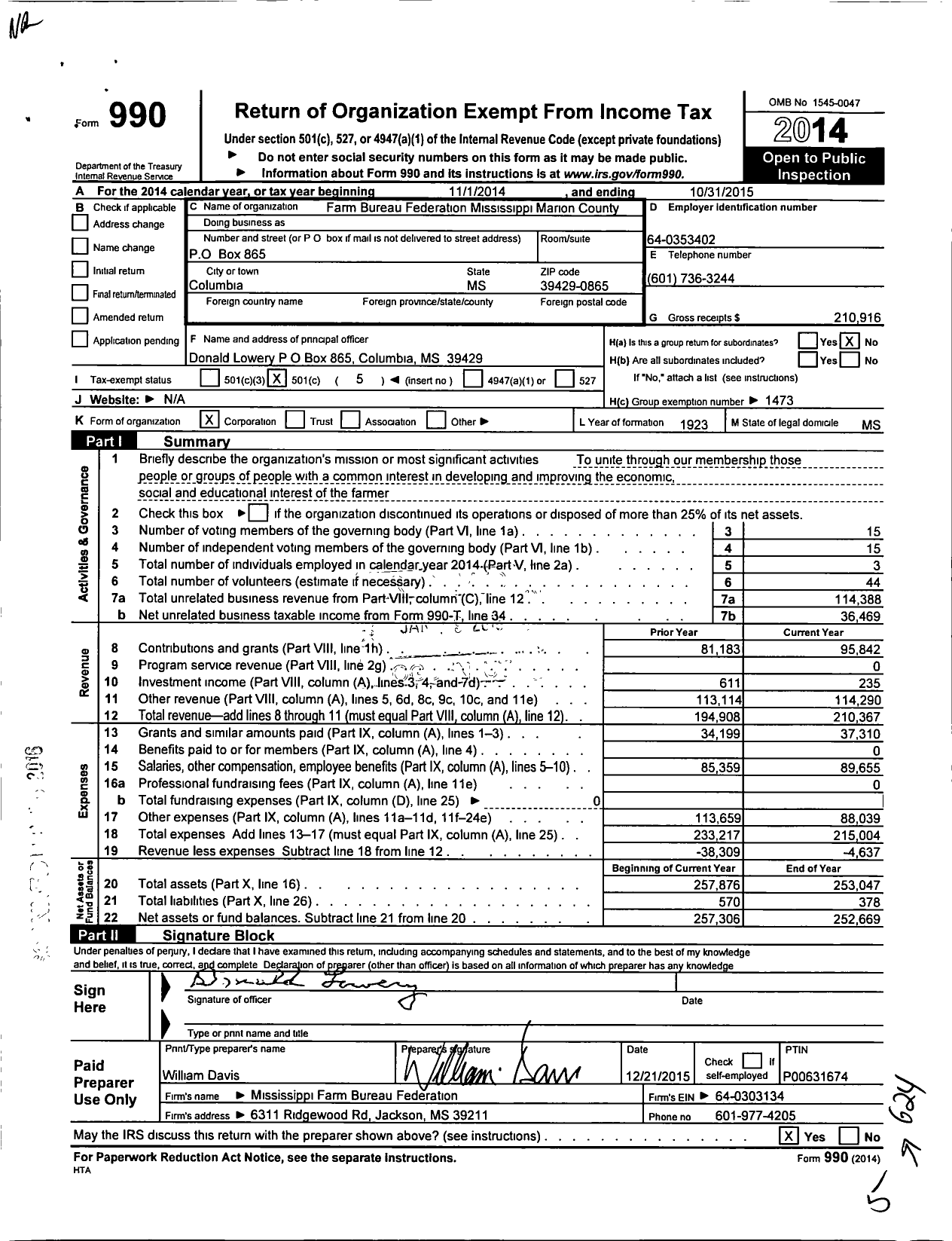 Image of first page of 2014 Form 990O for Mississippi Farm Bureau Federation - Marion County