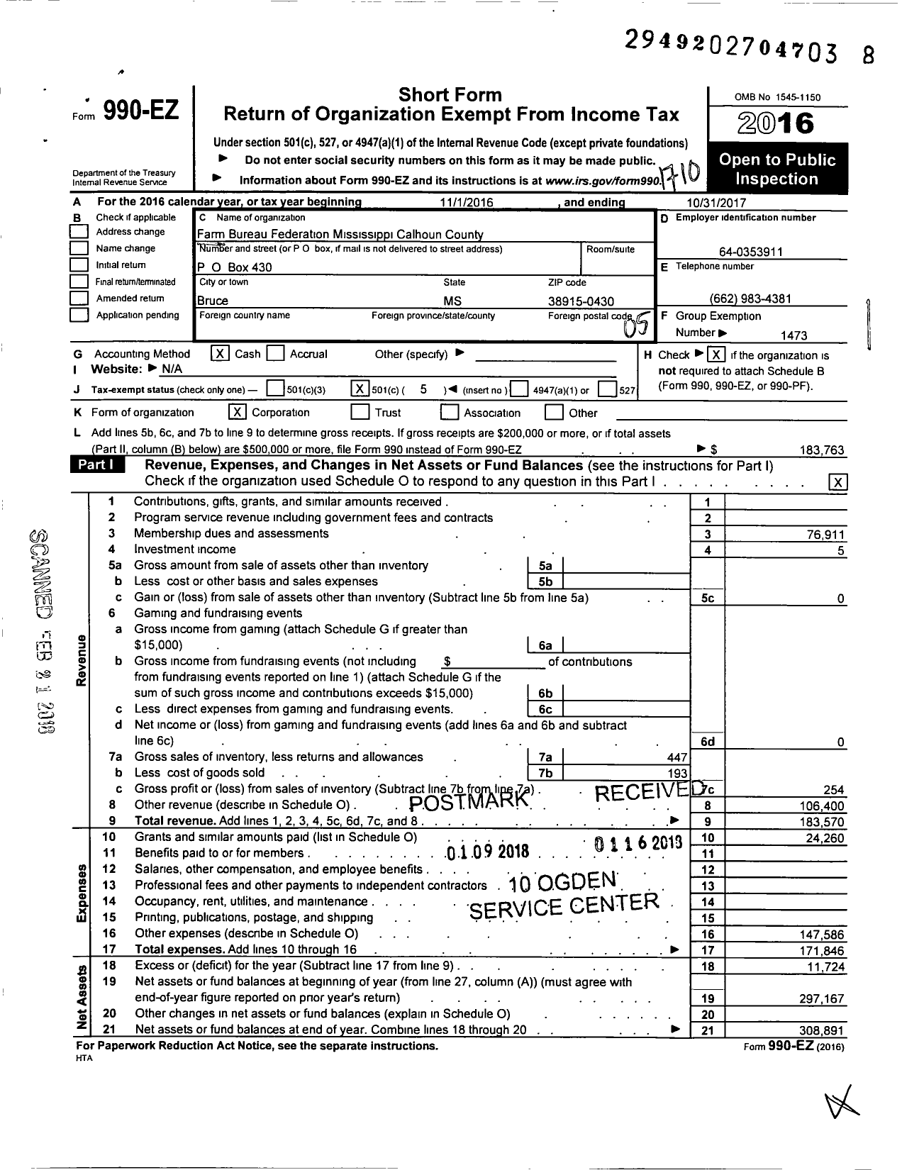 Image of first page of 2016 Form 990EO for Mississippi Farm Bureau Federation - Calhoun County