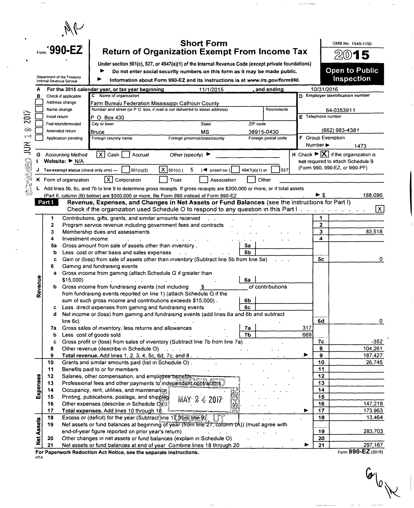 Image of first page of 2015 Form 990EO for Mississippi Farm Bureau Federation - Calhoun County