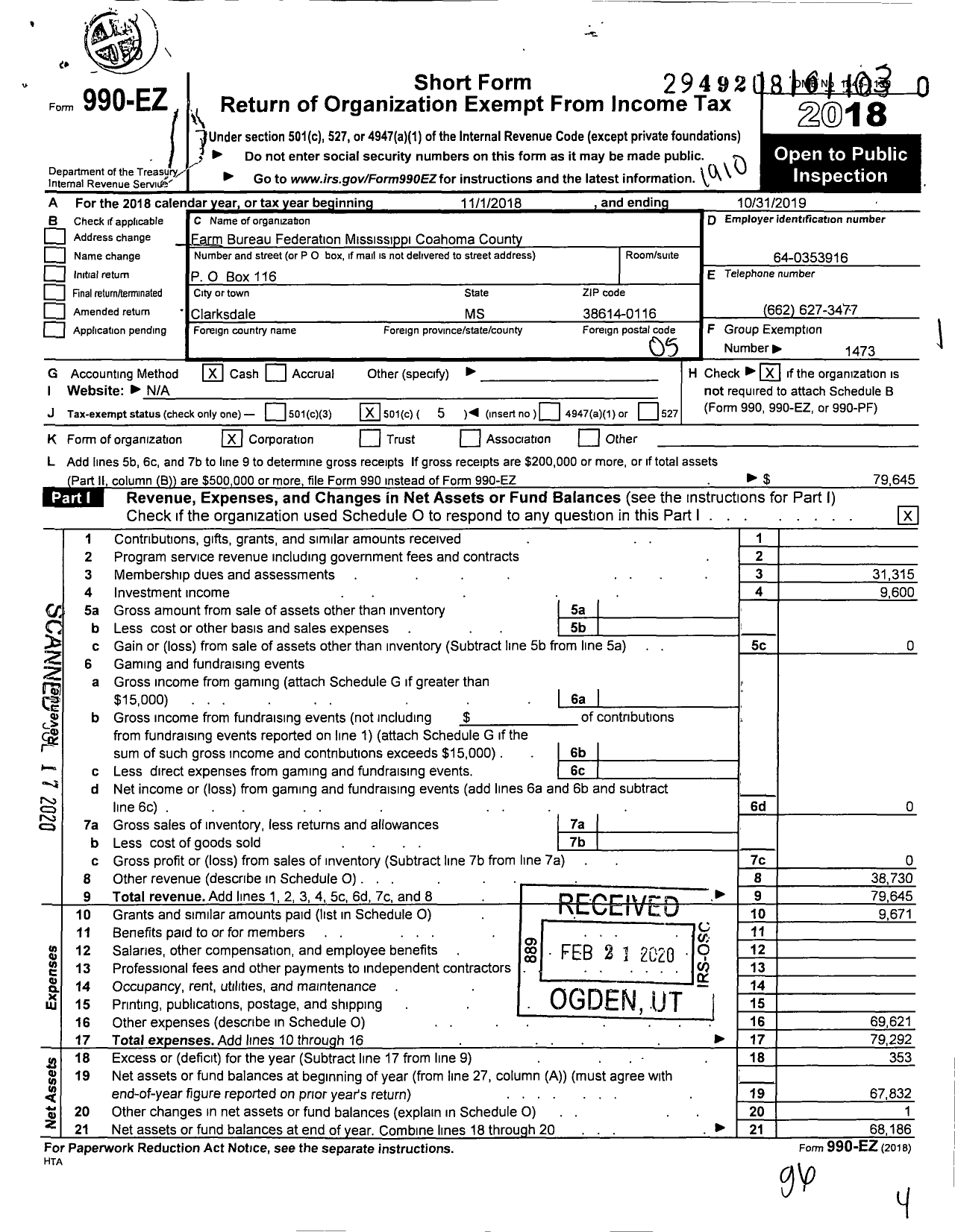 Image of first page of 2018 Form 990EO for Mississippi Farm Bureau Federation - Coahoma County