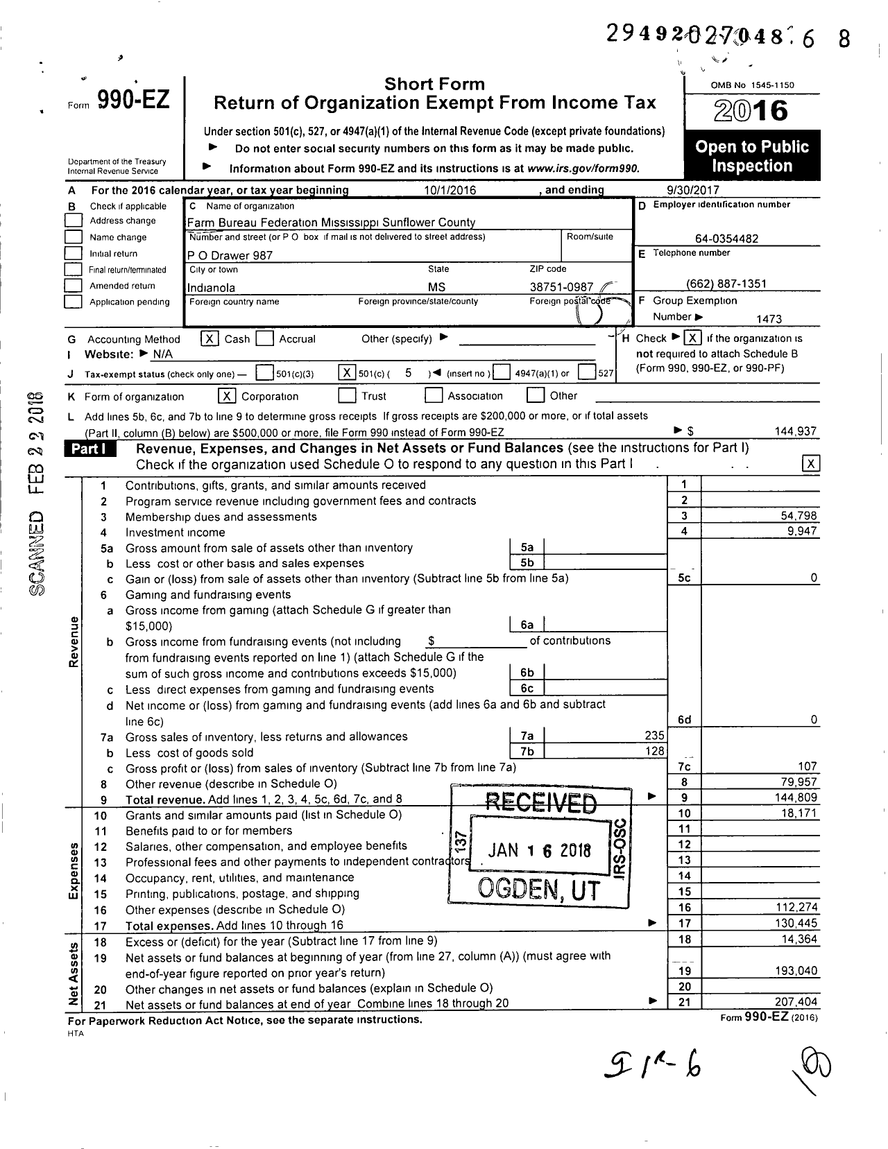 Image of first page of 2016 Form 990EO for Mississippi Farm Bureau Federation - Sunflower County