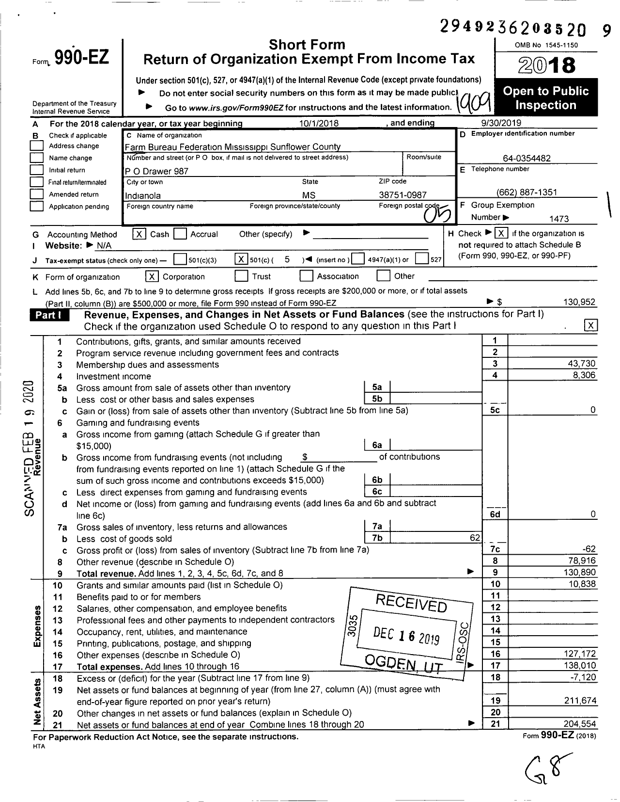 Image of first page of 2018 Form 990EO for Mississippi Farm Bureau Federation - Sunflower County