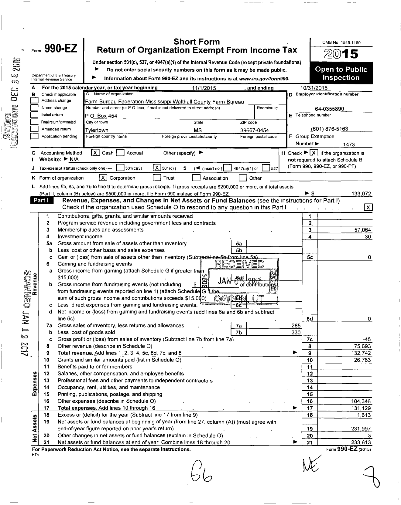 Image of first page of 2015 Form 990EO for Mississippi Farm Bureau Federation - Walthall County Farm Bureau