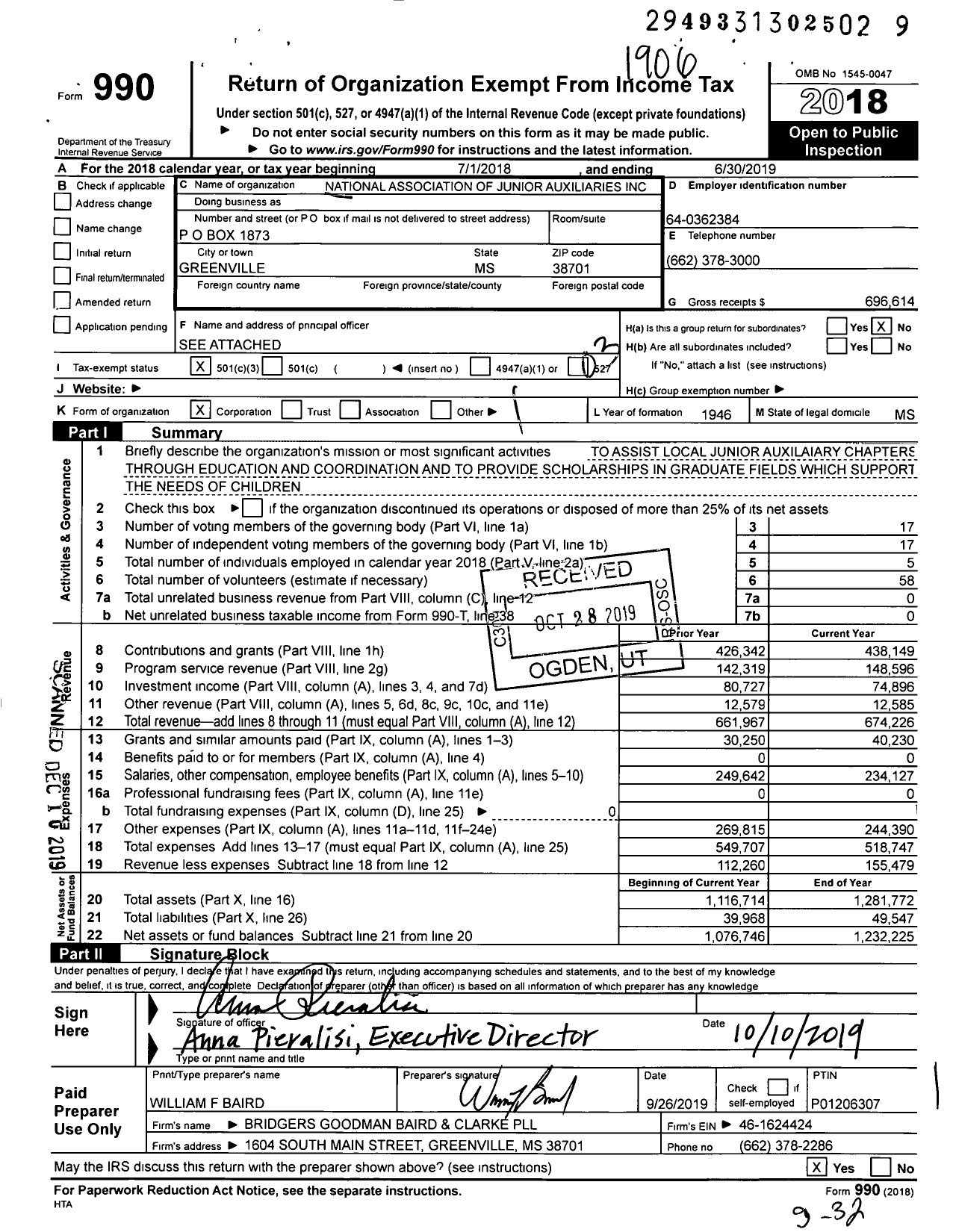 Image of first page of 2018 Form 990 for National Association of Junior Auxiliaries