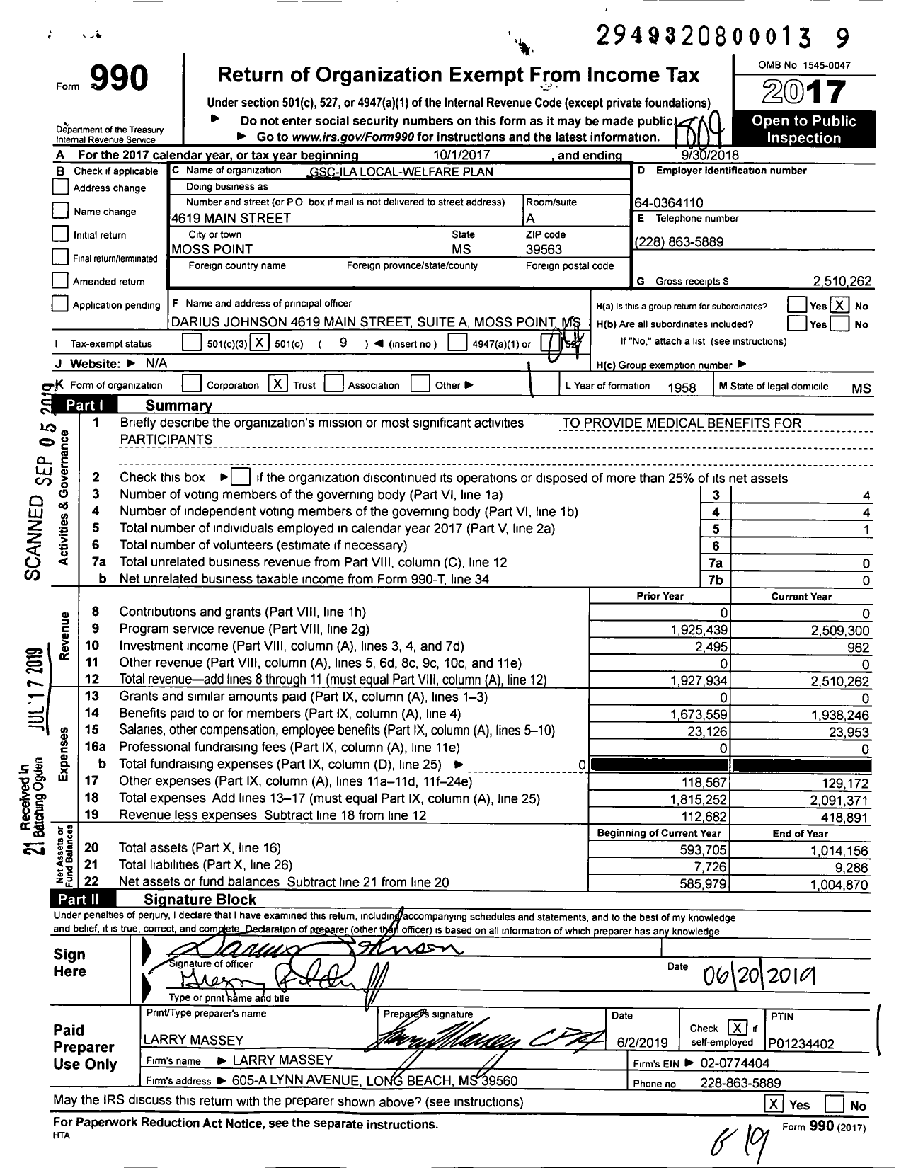 Image of first page of 2017 Form 990O for GSC-ILA Welfare Plan