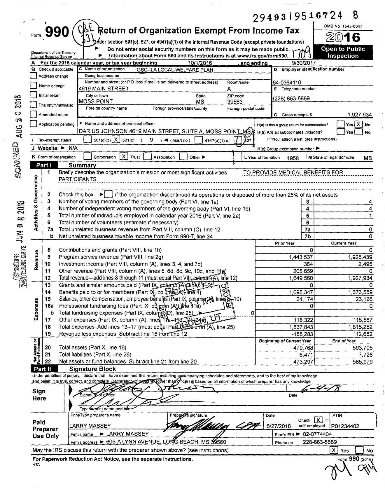 Image of first page of 2016 Form 990O for GSC-ILA Welfare Plan