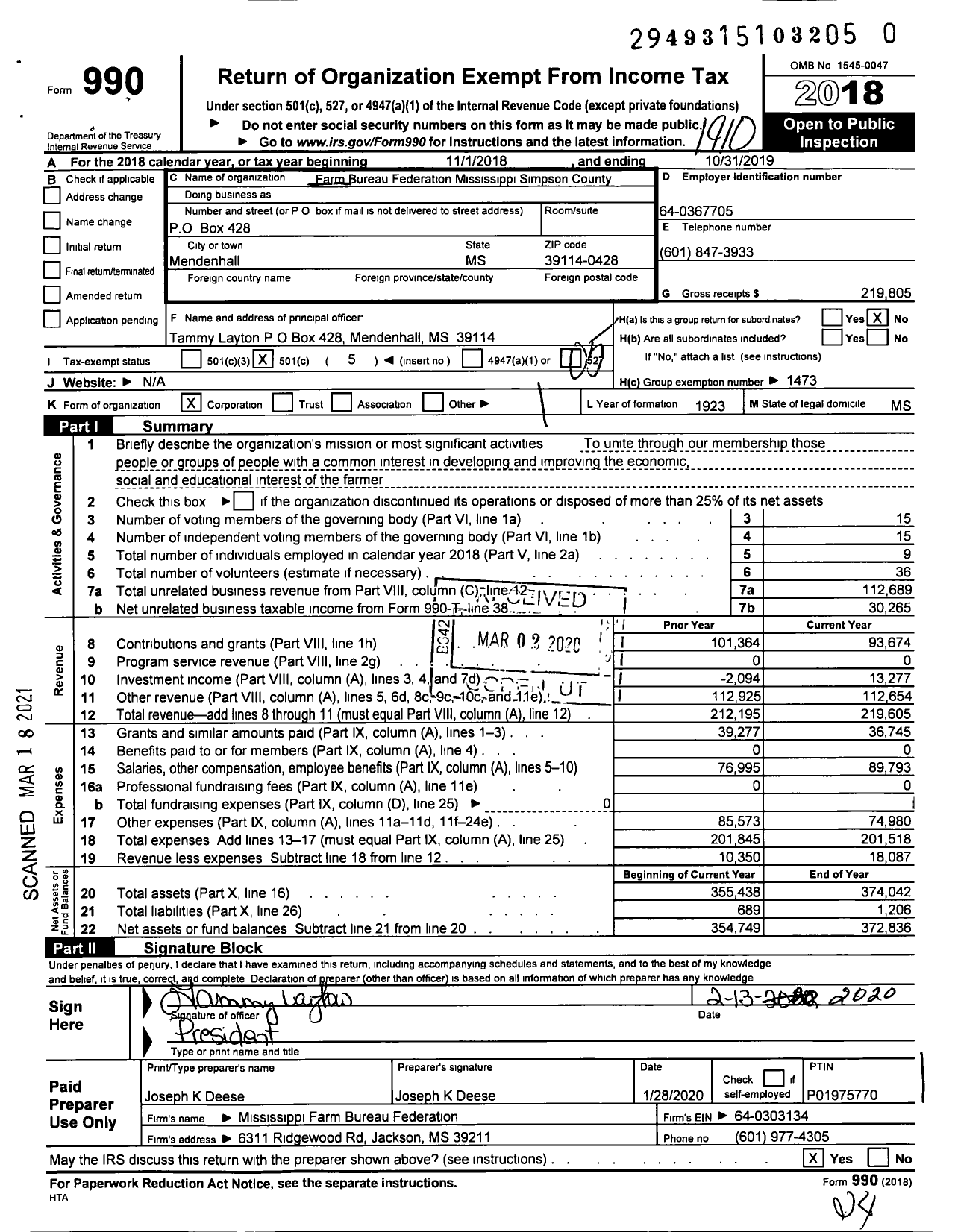 Image of first page of 2018 Form 990O for Mississippi Farm Bureau Federation - Simpson County